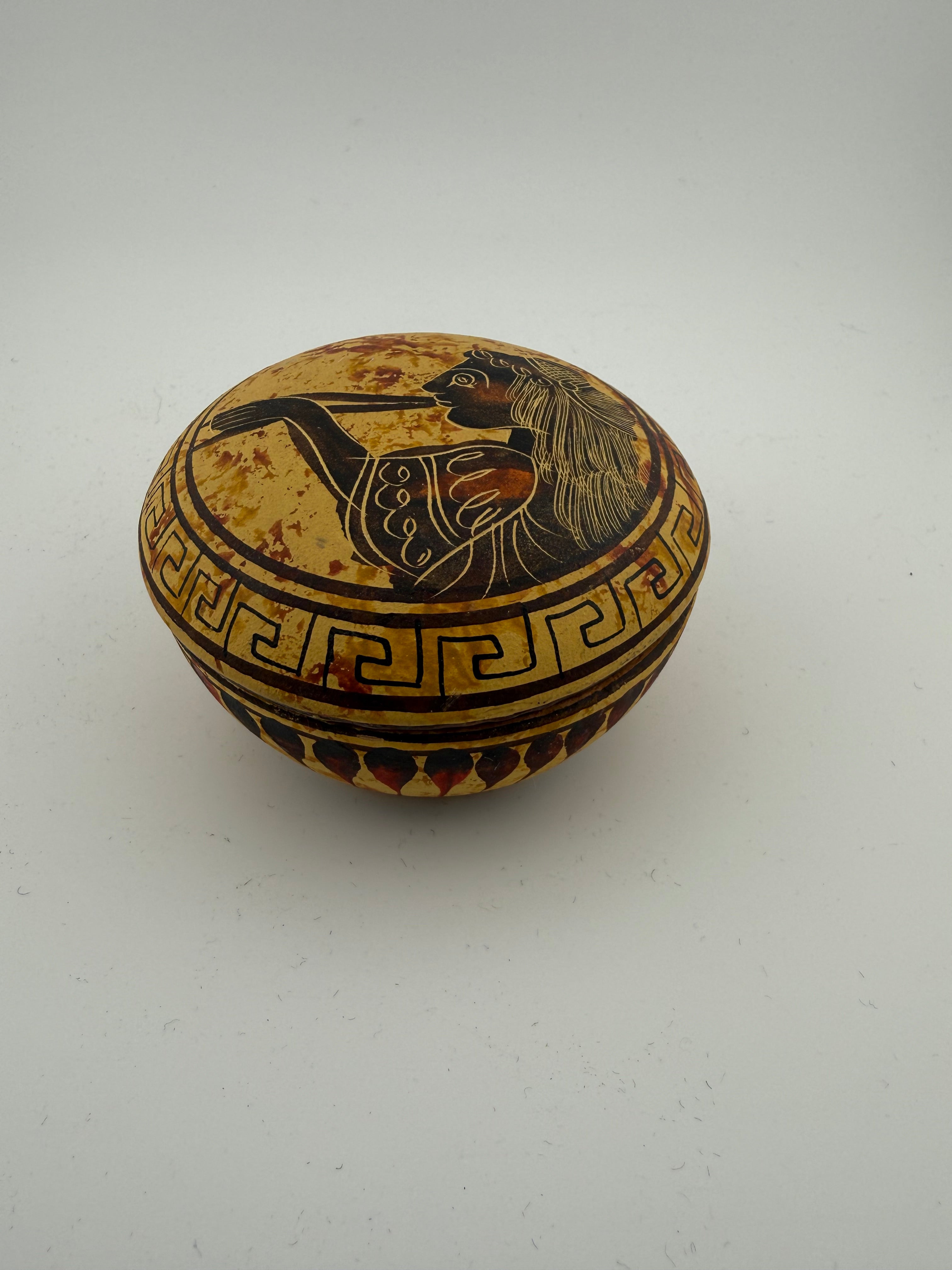 Vintage Greek Black-Figure Pottery Style Covered Trinket Box with Goddess and Greek Key Border
