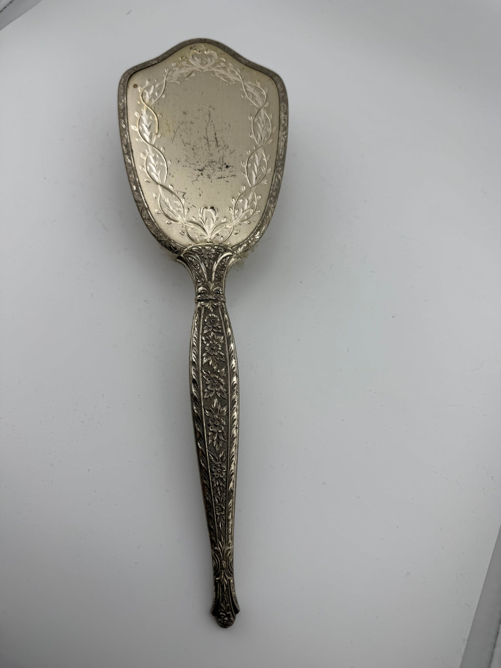 Antique Victorian Silver-Plated Vanity Hair Brush with Engraved Floral Back and Monogram
