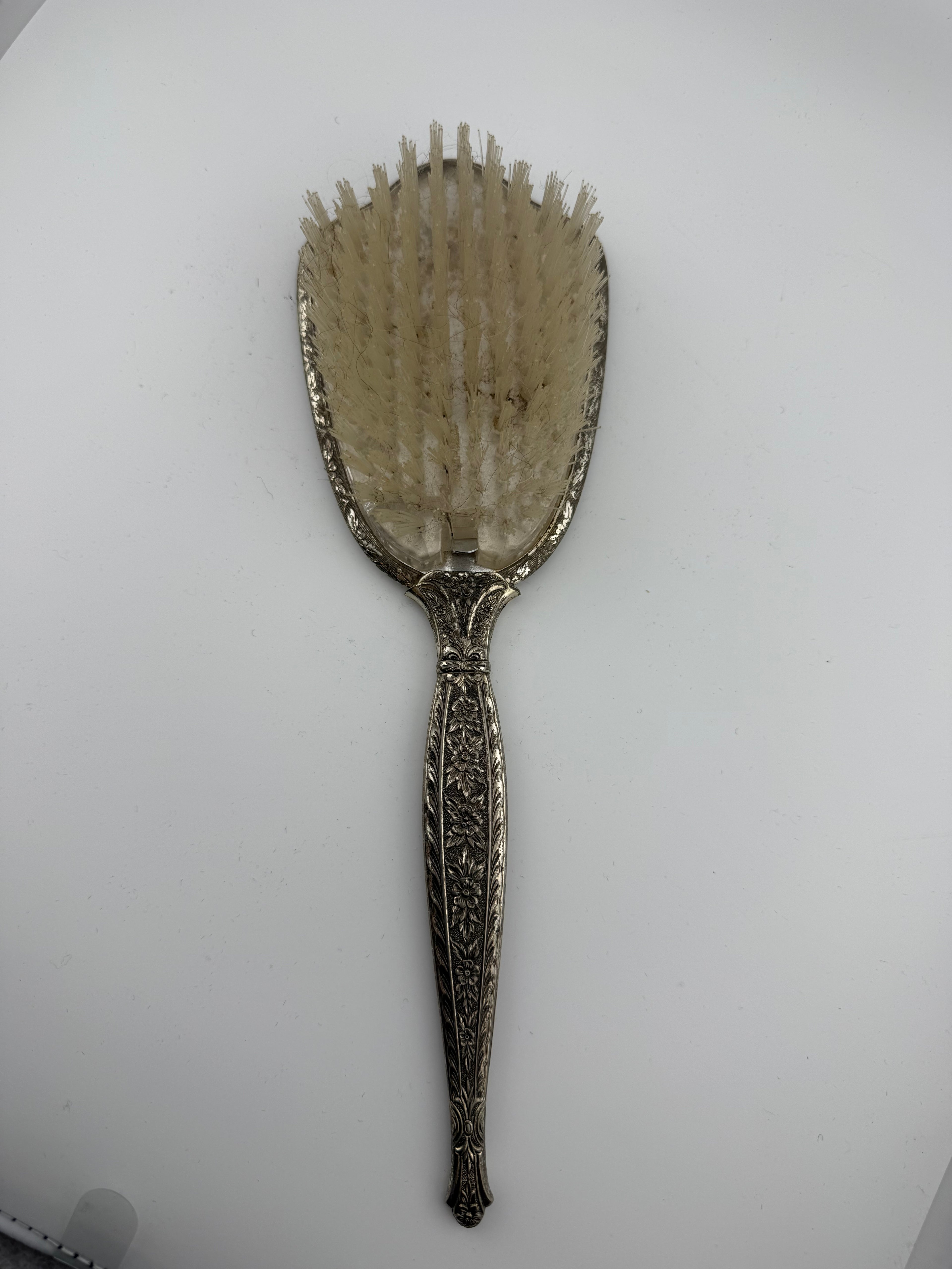 Antique Victorian Silver-Plated Vanity Hair Brush with Engraved Floral Back and Monogram