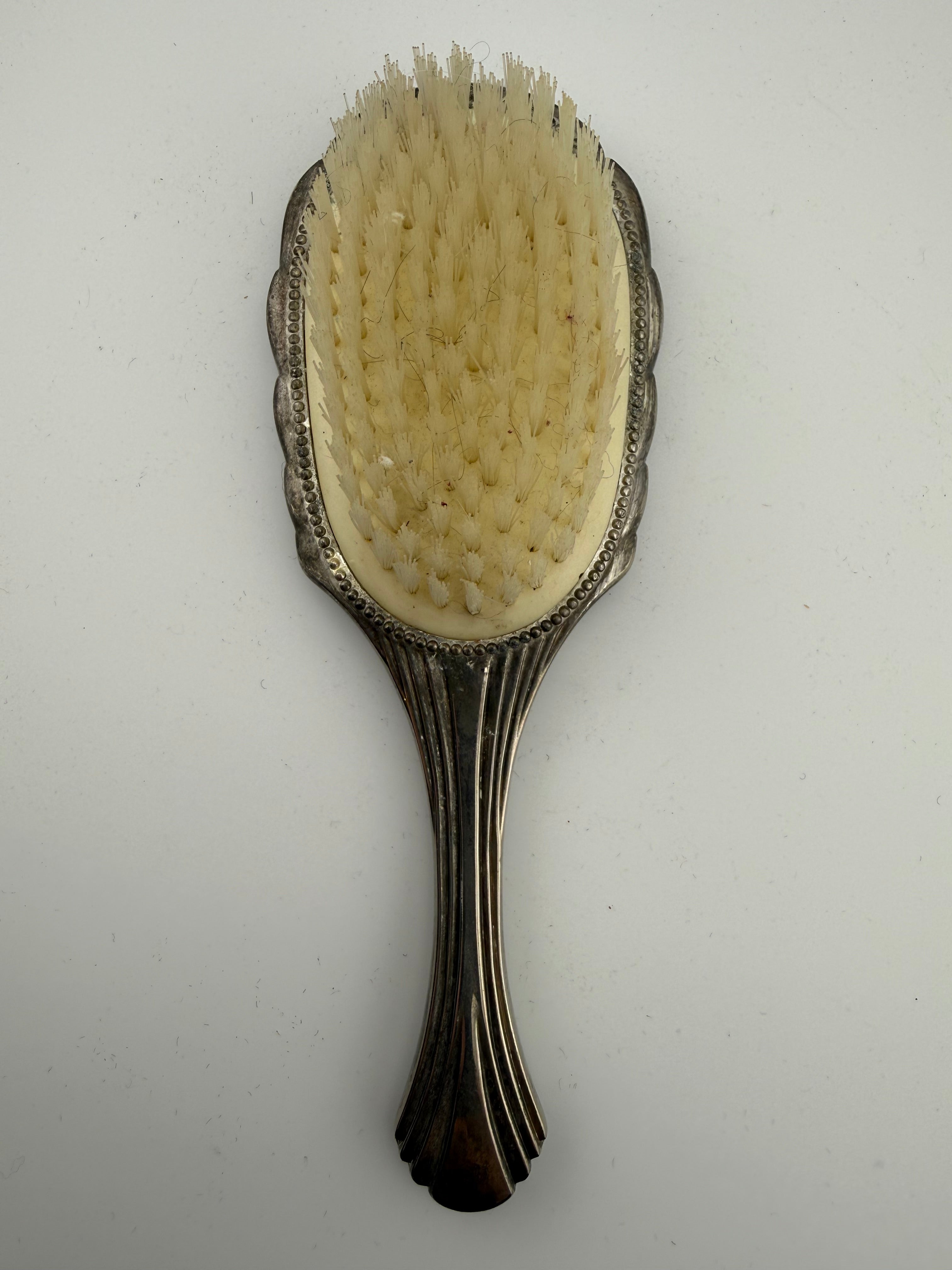 Antique Art Nouveau Silver-Plated Vanity Hair Brush with Fan Repousse Back and Beaded Rim