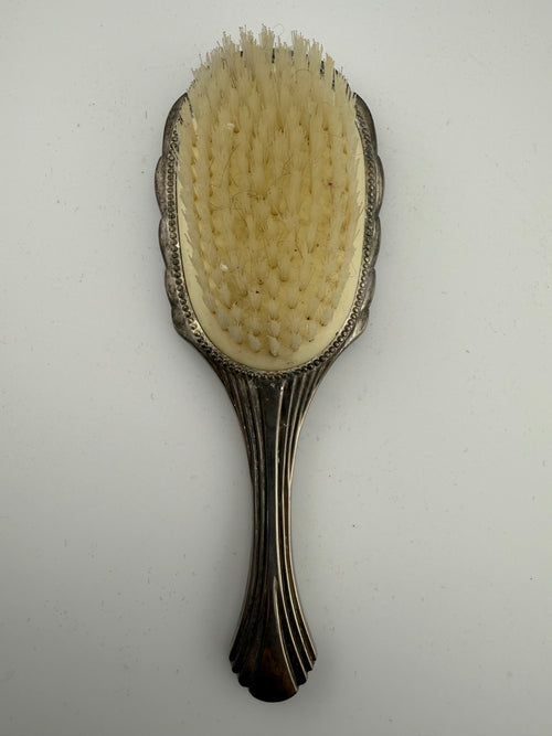 Antique Art Nouveau Silver-Plated Vanity Hair Brush with Fan Repousse Back and Beaded Rim