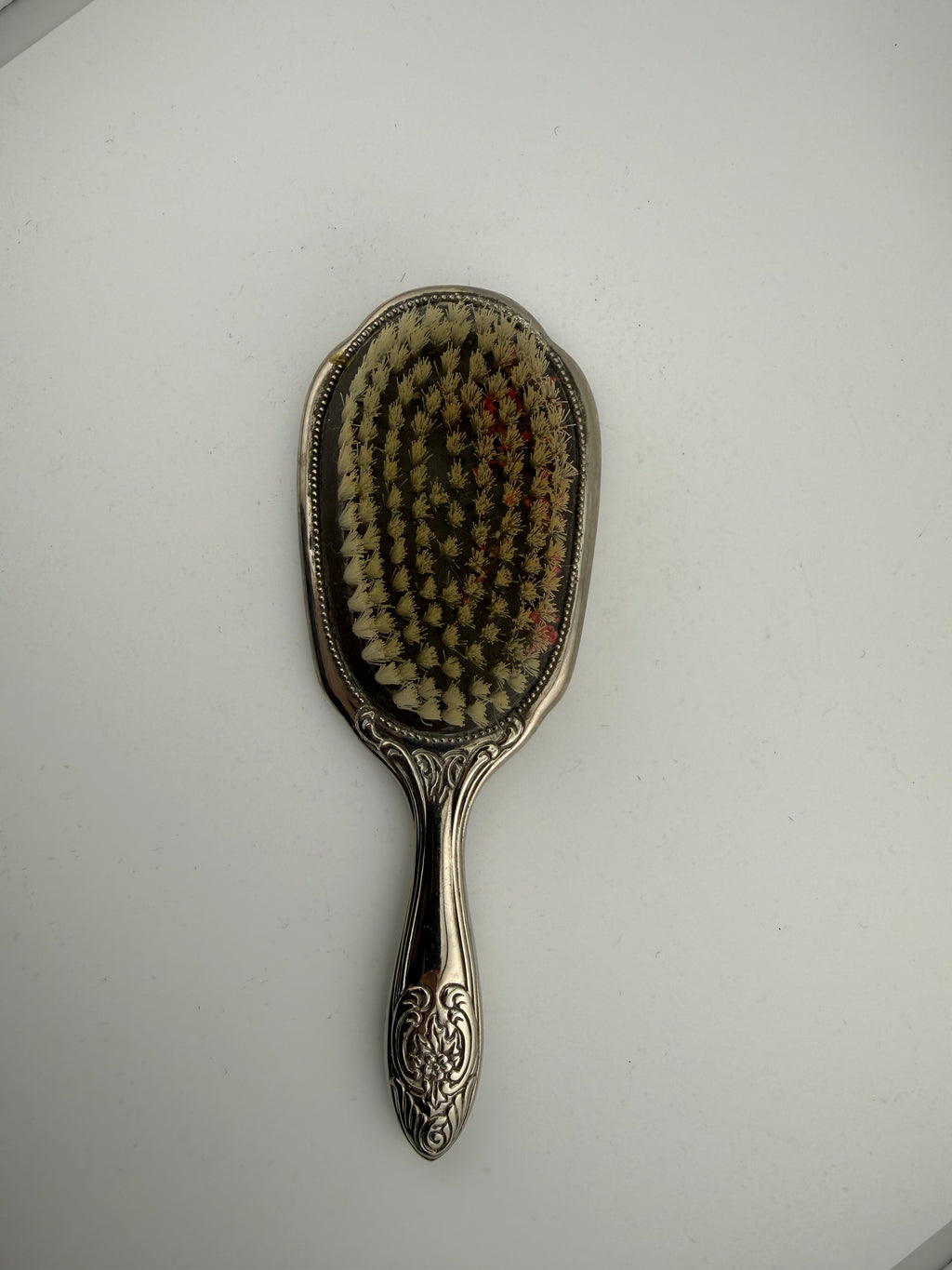 Antique Rococo Silver-Plated Vanity Hair Brush with Deeply Embossed Scrollwork and Rose Motifs