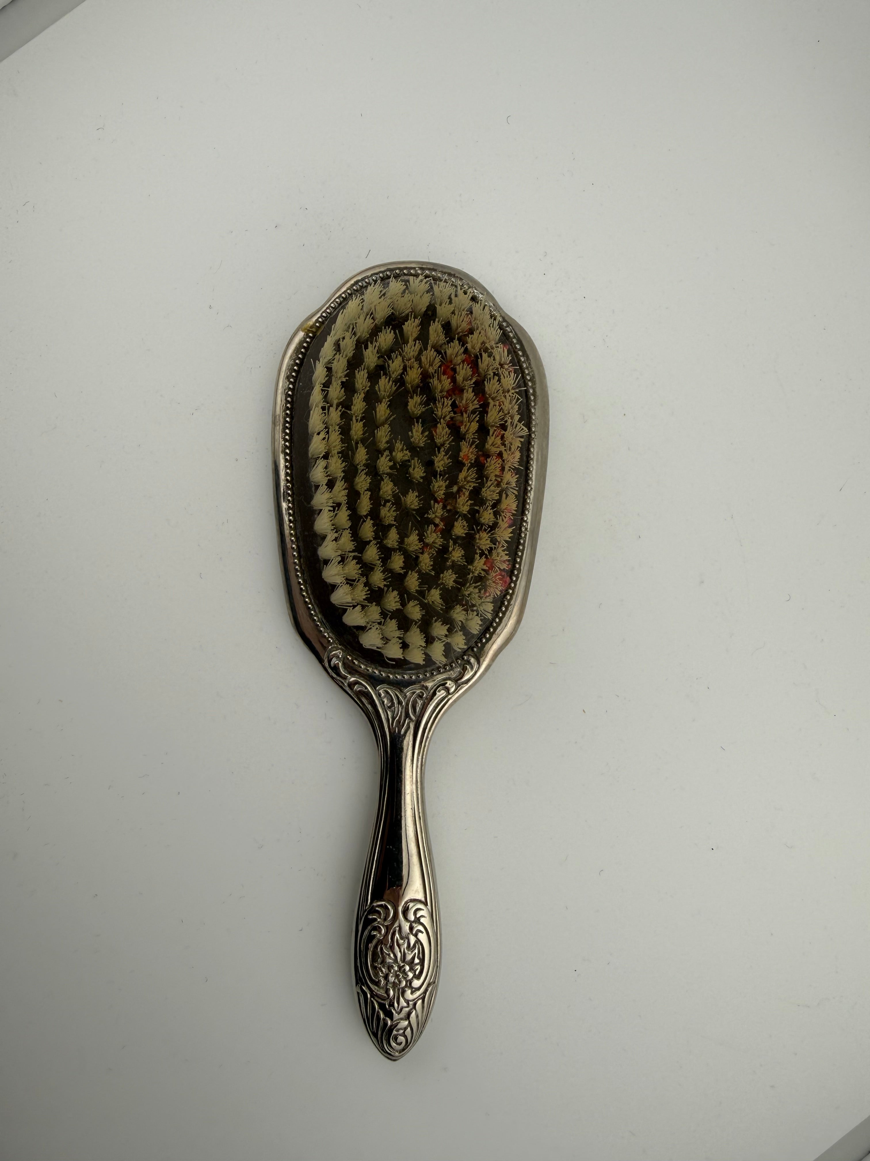Antique Rococo Silver-Plated Vanity Hair Brush with Deeply Embossed Scrollwork and Rose Motifs
