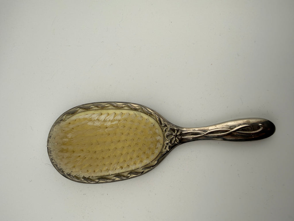Antique Art Nouveau Silver-Plated Vanity Hair Brush with Open Flower Center and Rope Border