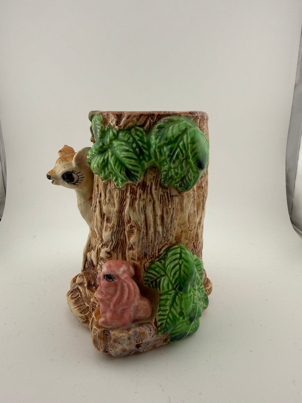 Vintage Ceramic Woodland Bambi Tree Stump Vase with Fawn and Squirrel