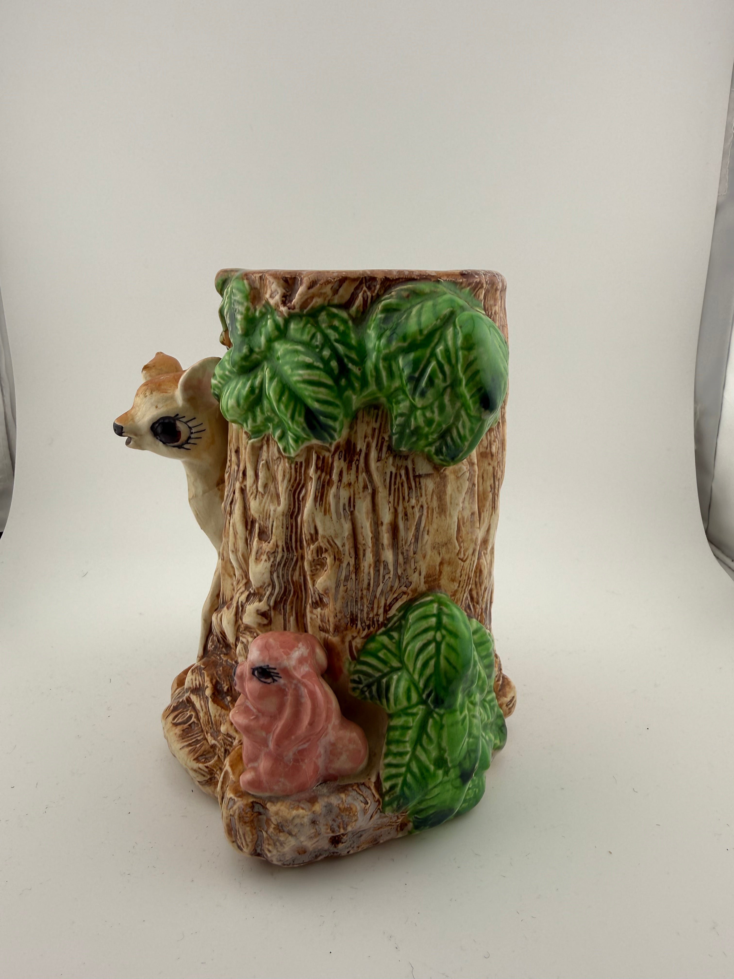 Vintage Ceramic Woodland Bambi Tree Stump Vase with Fawn and Squirrel
