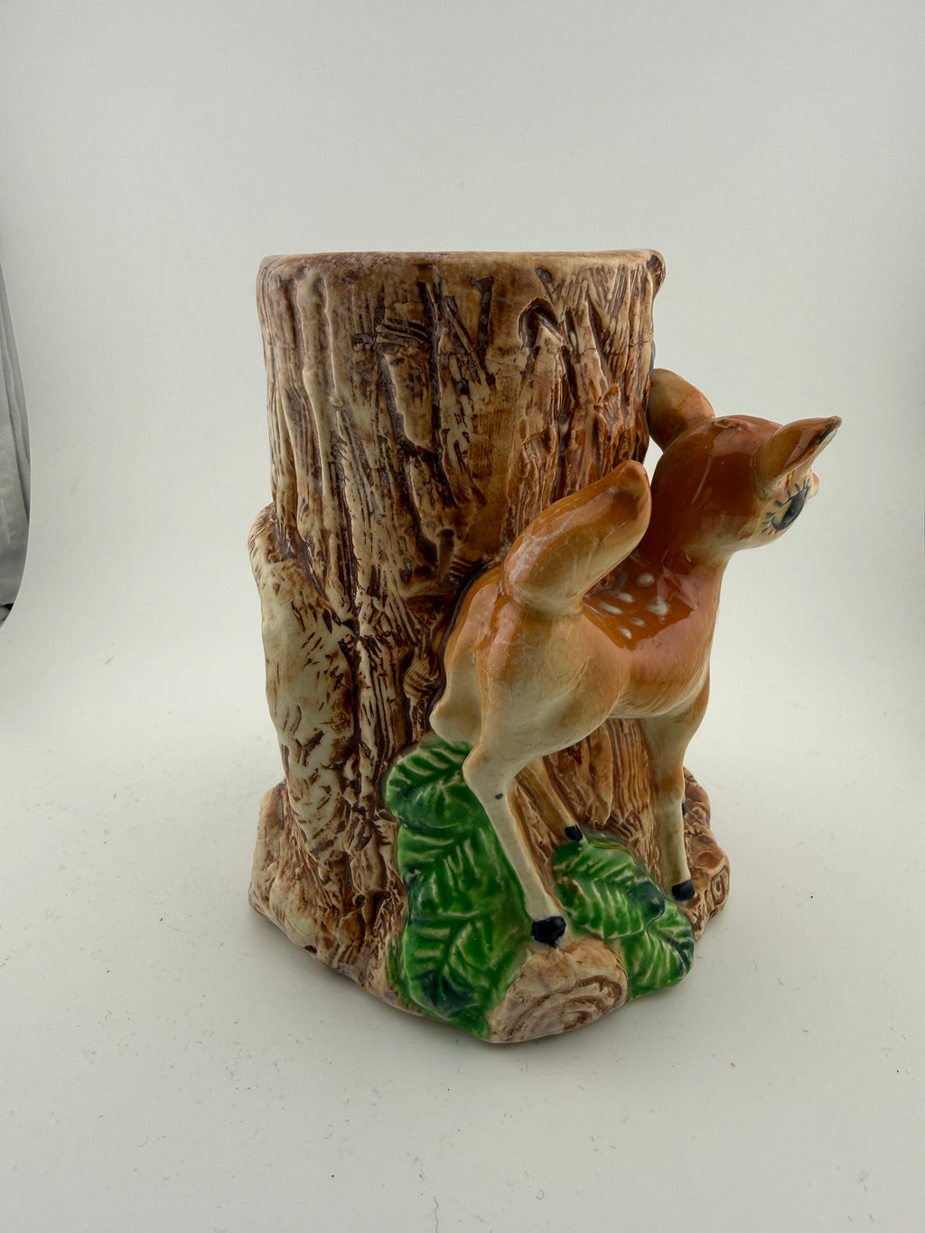 Vintage Ceramic Woodland Bambi Tree Stump Vase with Fawn and Squirrel