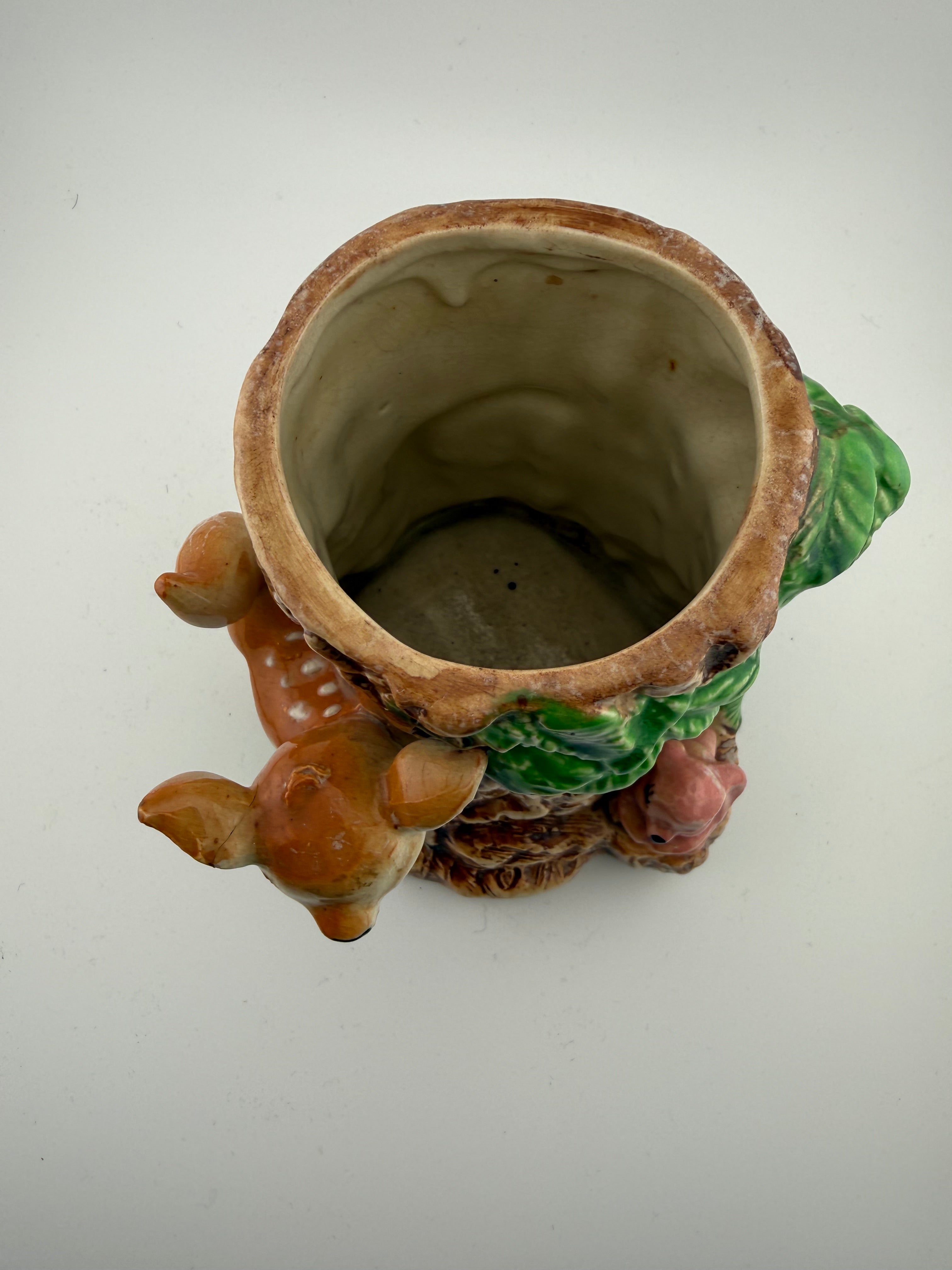 Vintage Ceramic Woodland Bambi Tree Stump Vase with Fawn and Squirrel