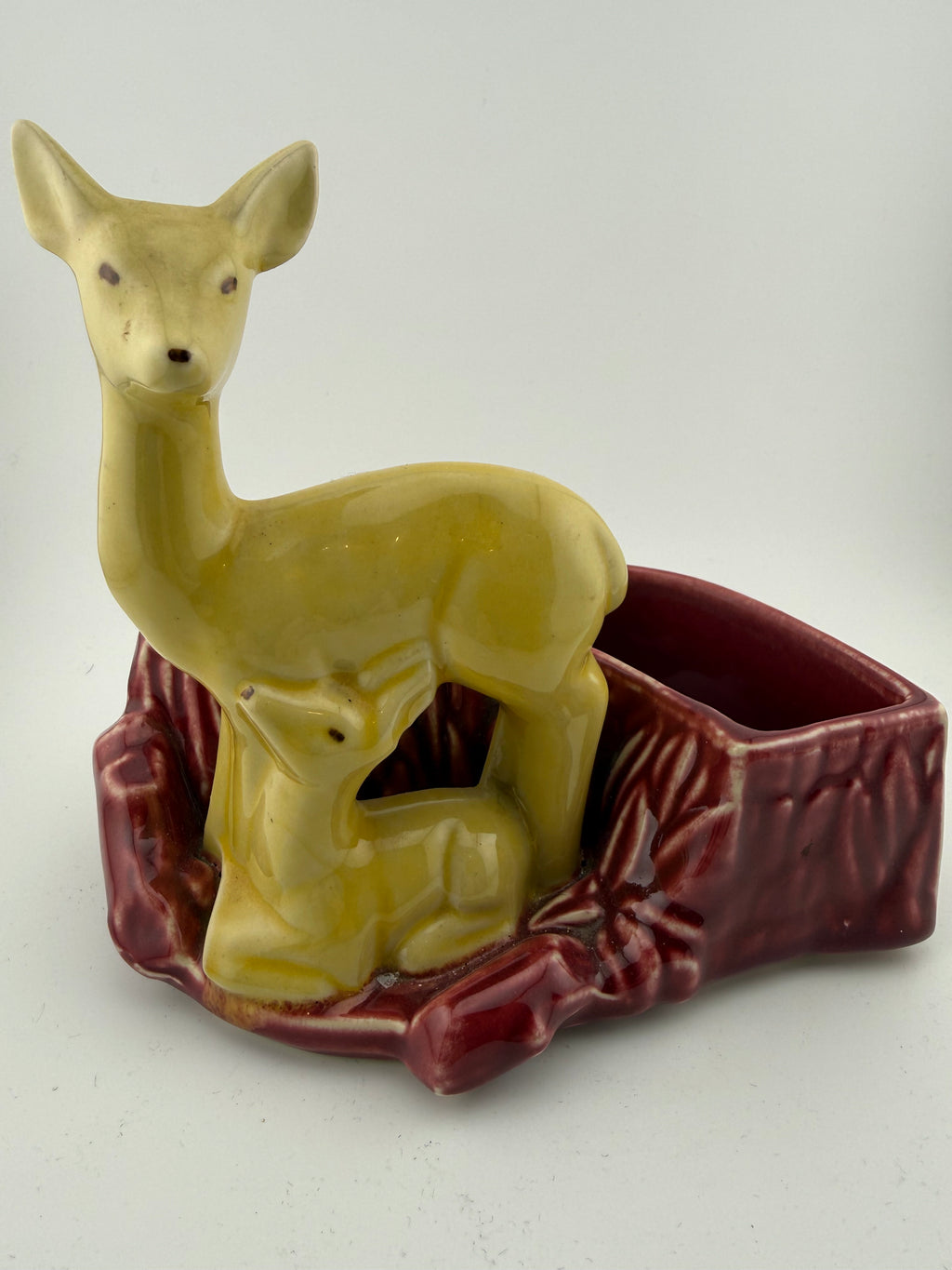 Vintage Ceramic Deer Figurine Planter — Doe & Fawn with Burgundy Leaf Planter