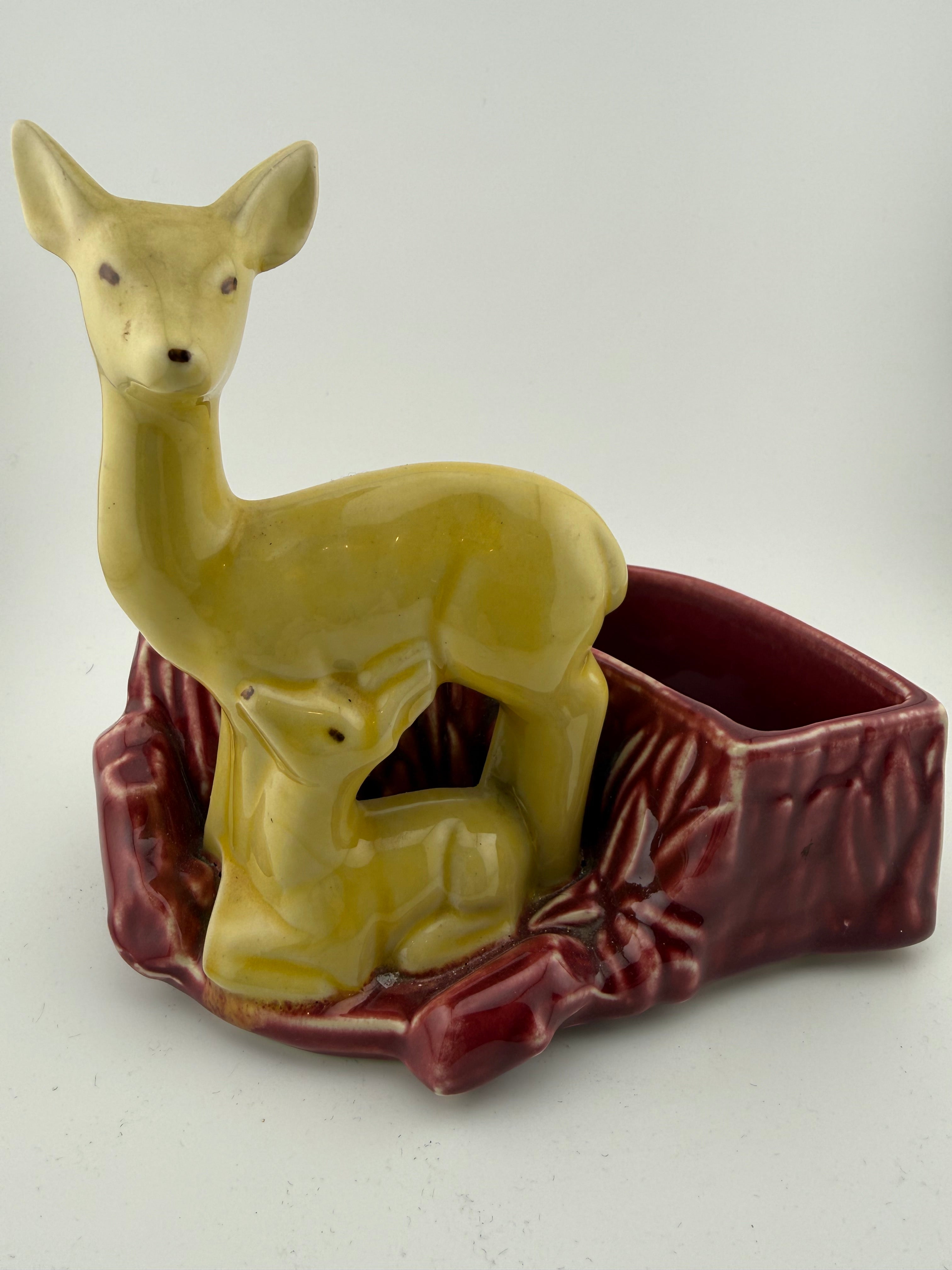 Vintage Ceramic Deer Figurine Planter — Doe & Fawn with Burgundy Leaf Planter