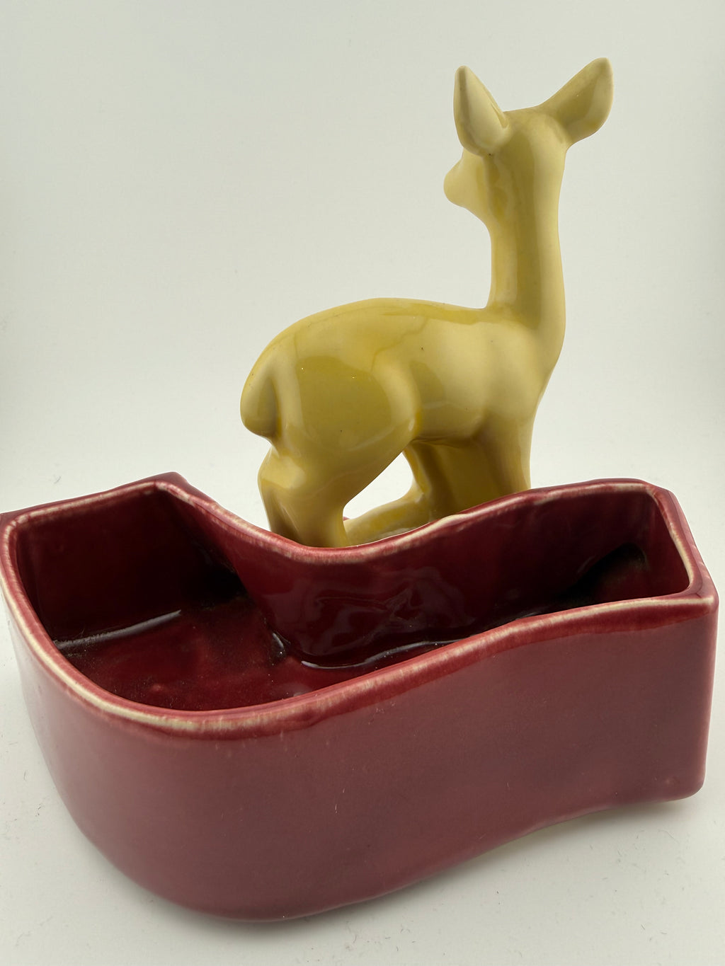 Vintage Ceramic Deer Figurine Planter — Doe & Fawn with Burgundy Leaf Planter