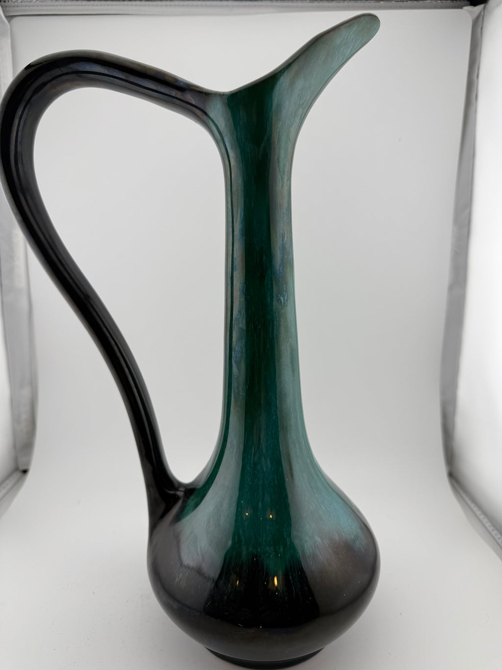 Vintage Mid-Century Modern Teal Green Ceramic Blue Mountain Pottery Ewer with Sculptural Handle