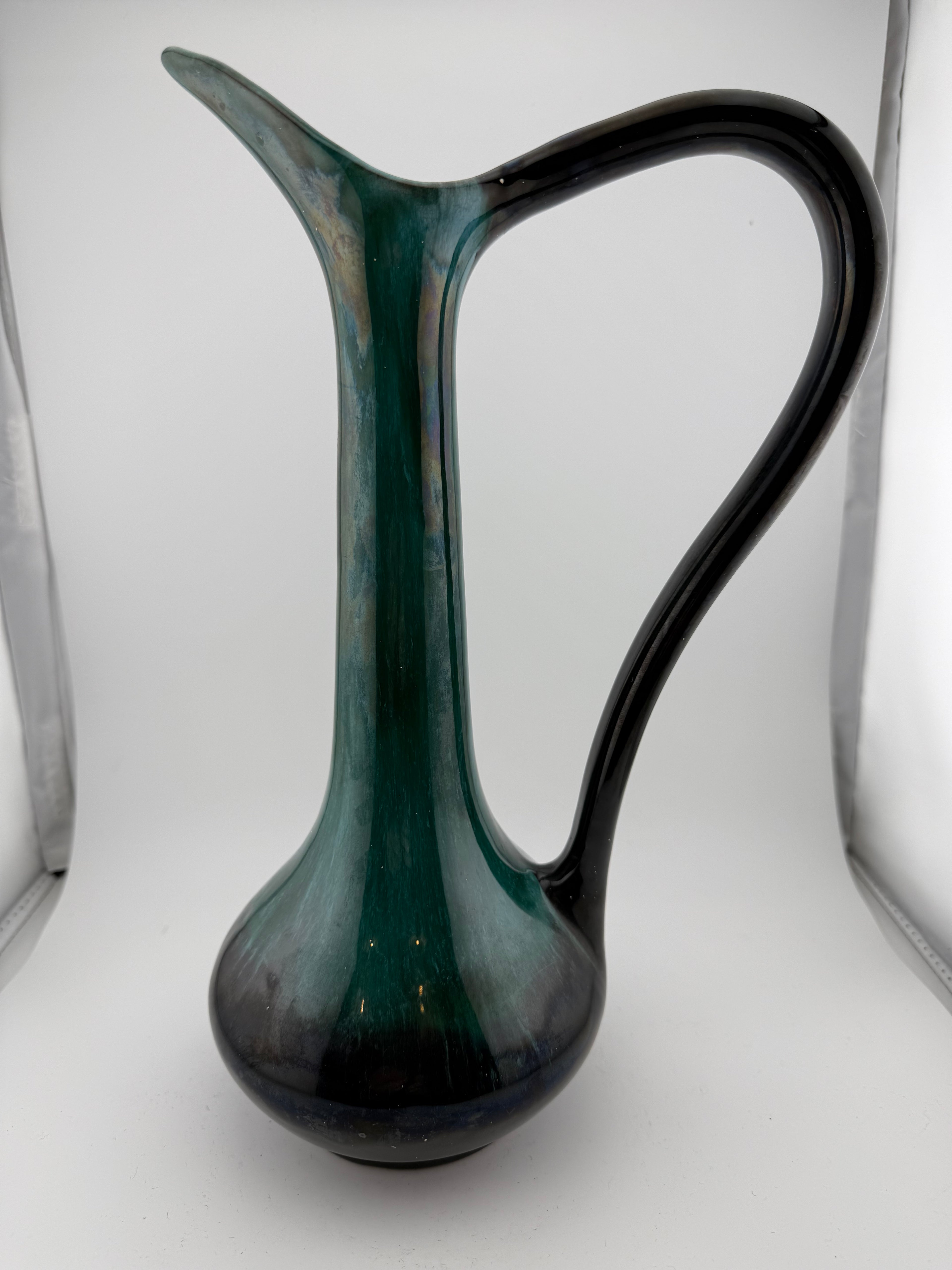 Vintage Mid-Century Modern Teal Green Ceramic Blue Mountain Pottery Ewer with Sculptural Handle