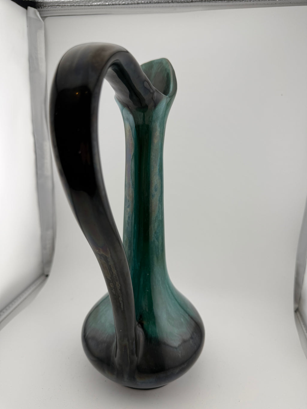 Vintage Mid-Century Modern Teal Green Ceramic Blue Mountain Pottery Ewer with Sculptural Handle