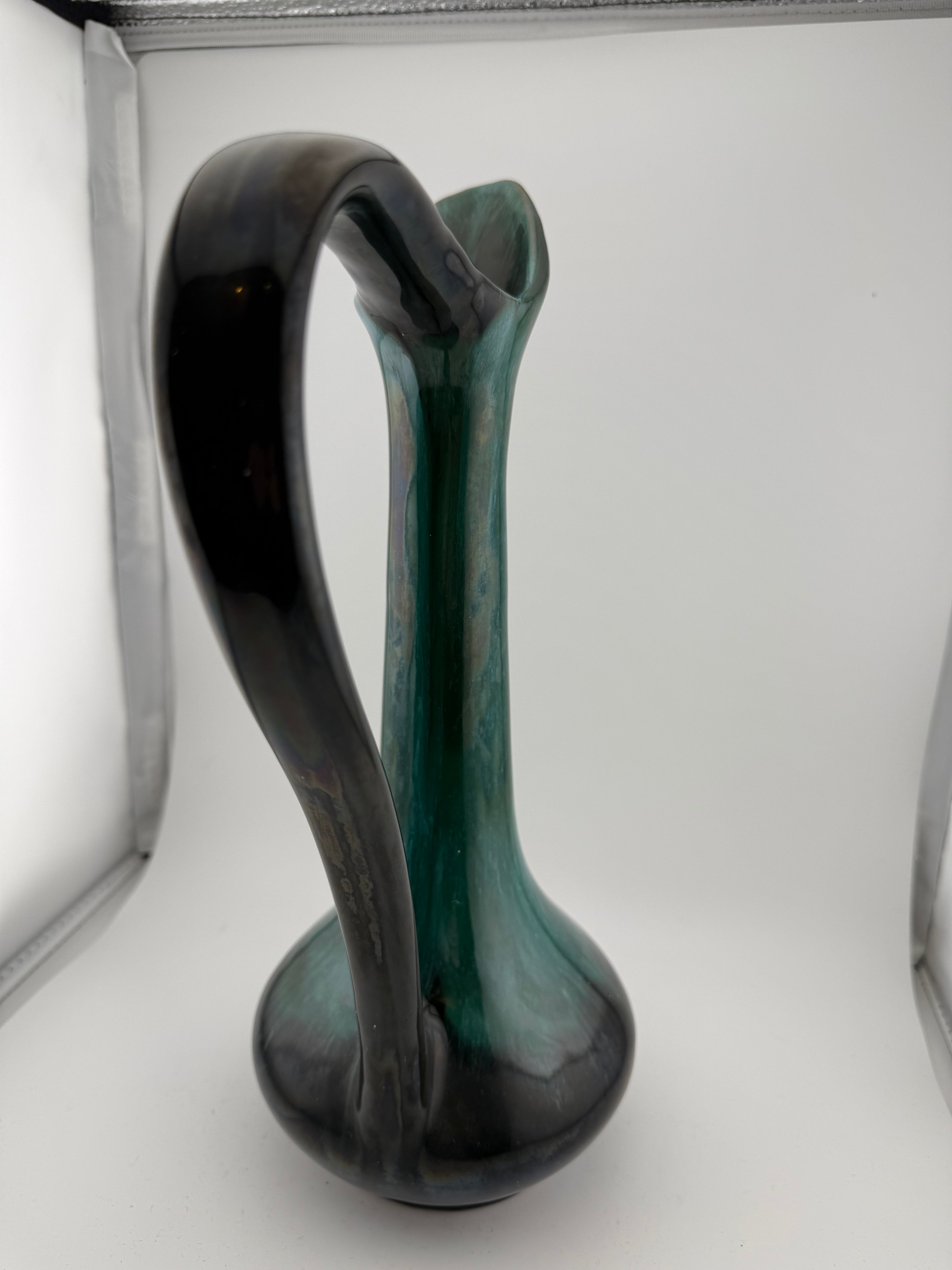 Vintage Mid-Century Modern Teal Green Ceramic Blue Mountain Pottery Ewer with Sculptural Handle