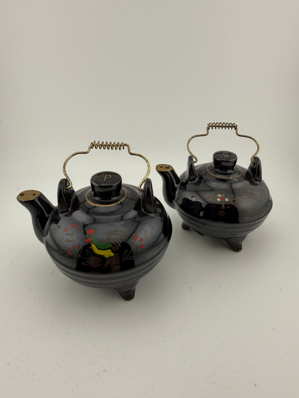 Vintage Japanese Black Ceramic Teapot Salt & Pepper Shaker Set with Hand-Painted Floral & Bird Motifs