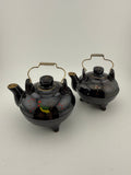 Vintage Japanese Black Ceramic Teapot Salt & Pepper Shaker Set with Hand-Painted Floral & Bird Motifs