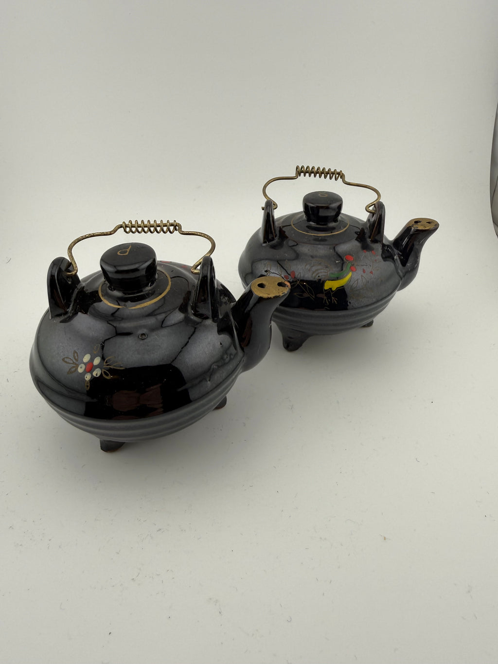 Vintage Japanese Black Ceramic Teapot Salt & Pepper Shaker Set with Hand-Painted Floral & Bird Motifs