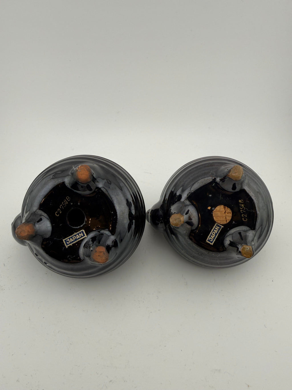 Vintage Japanese Black Ceramic Teapot Salt & Pepper Shaker Set with Hand-Painted Floral & Bird Motifs