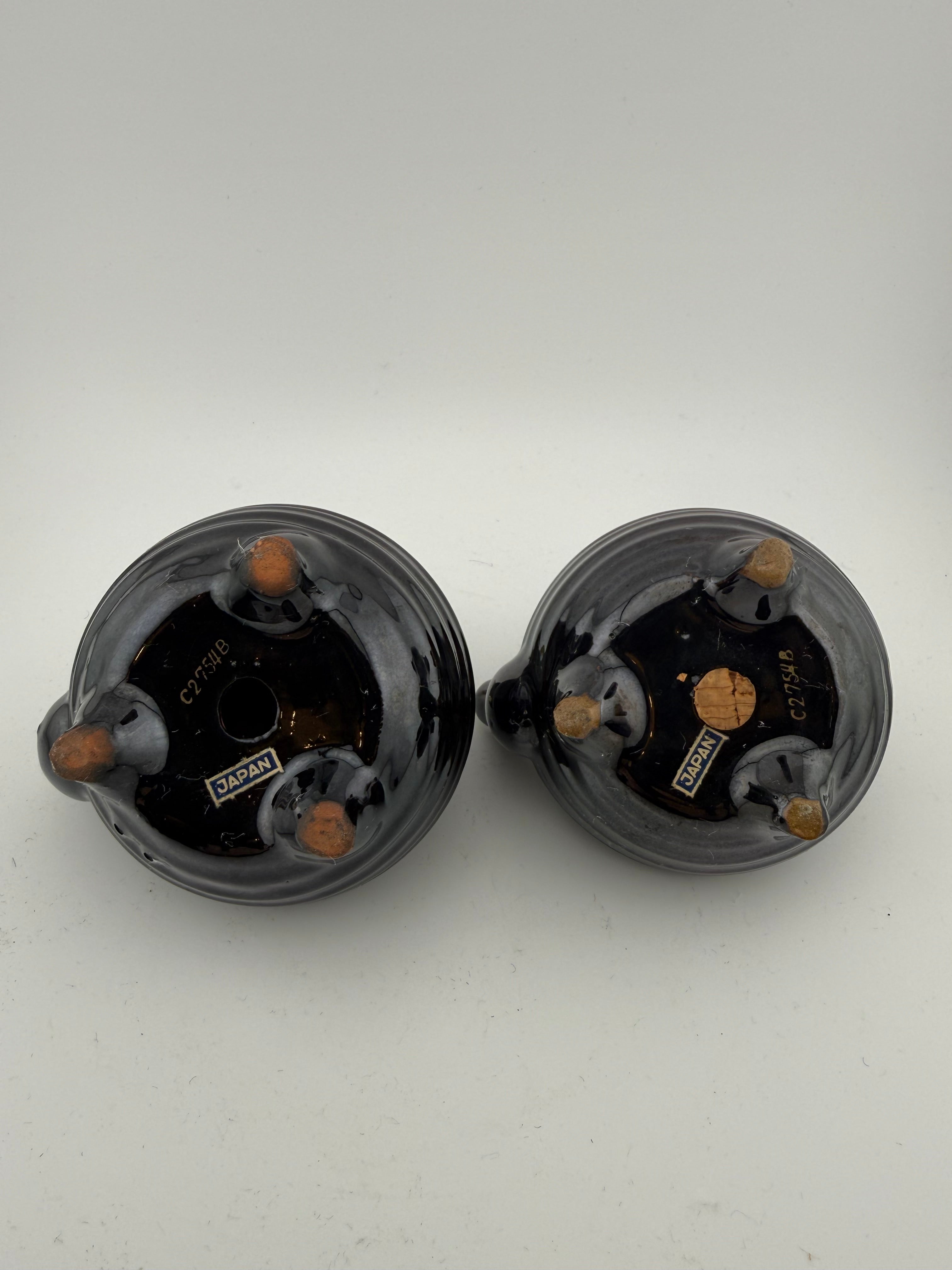 Vintage Japanese Black Ceramic Teapot Salt & Pepper Shaker Set with Hand-Painted Floral & Bird Motifs