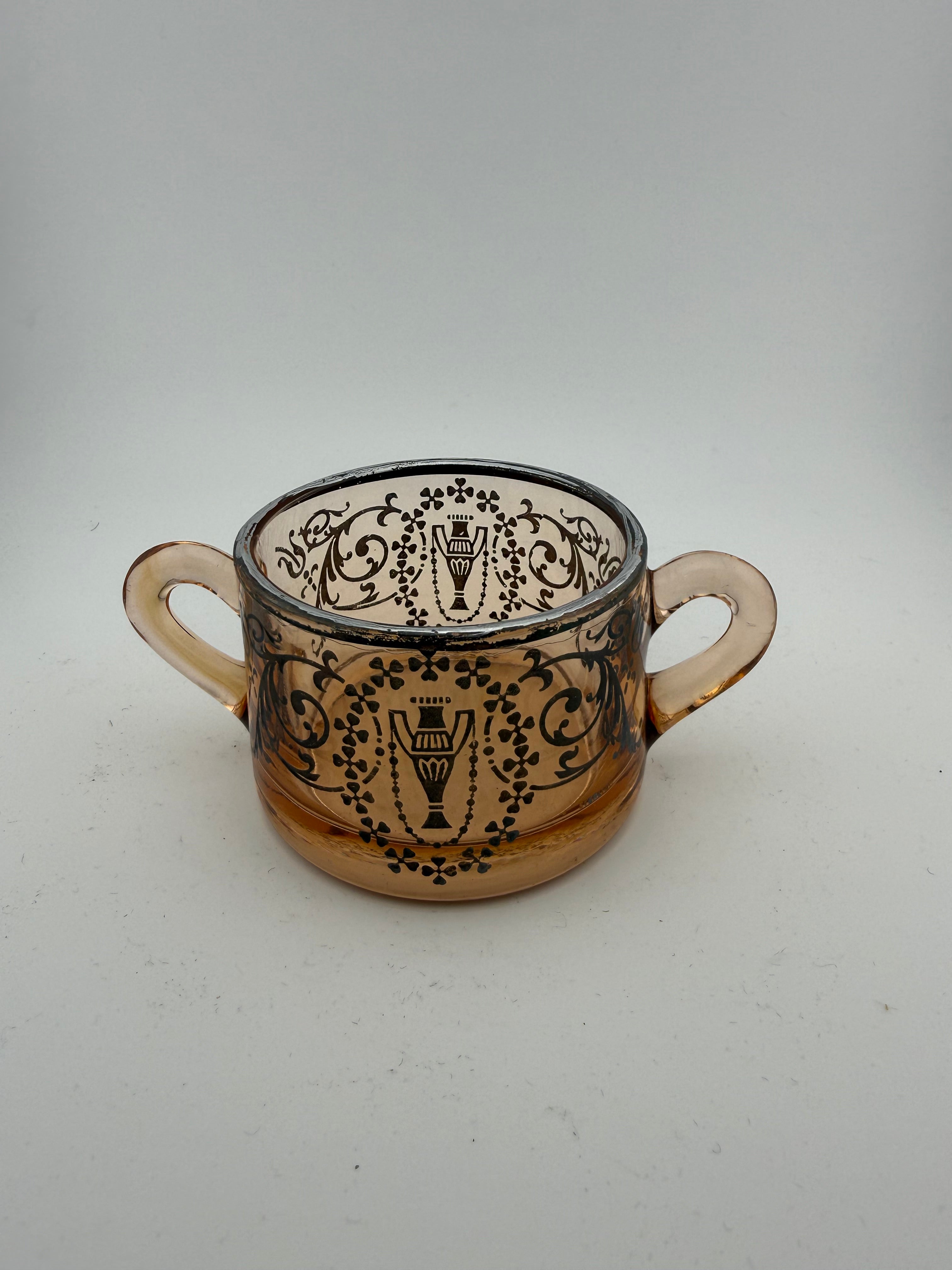 Vintage Amber Glass Double-Handled Sugar Bowl with Sterling Enamel Urn & Scroll Decoration