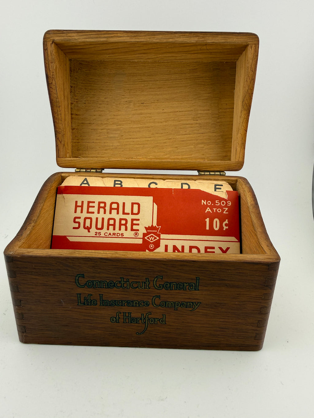 Vintage Oak Index Card File Box - Connecticut General Life Insurance Co. with Original Herald Square Index Cards