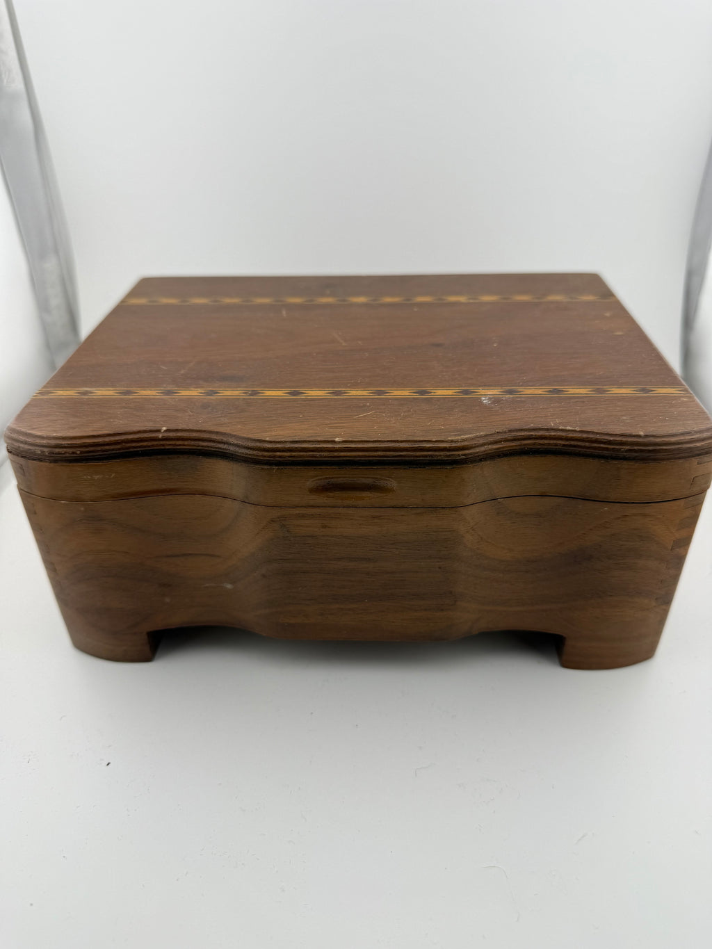 Vintage Walnut Jewelry Box with Marquetry Inlay Banding and Brass Hinges