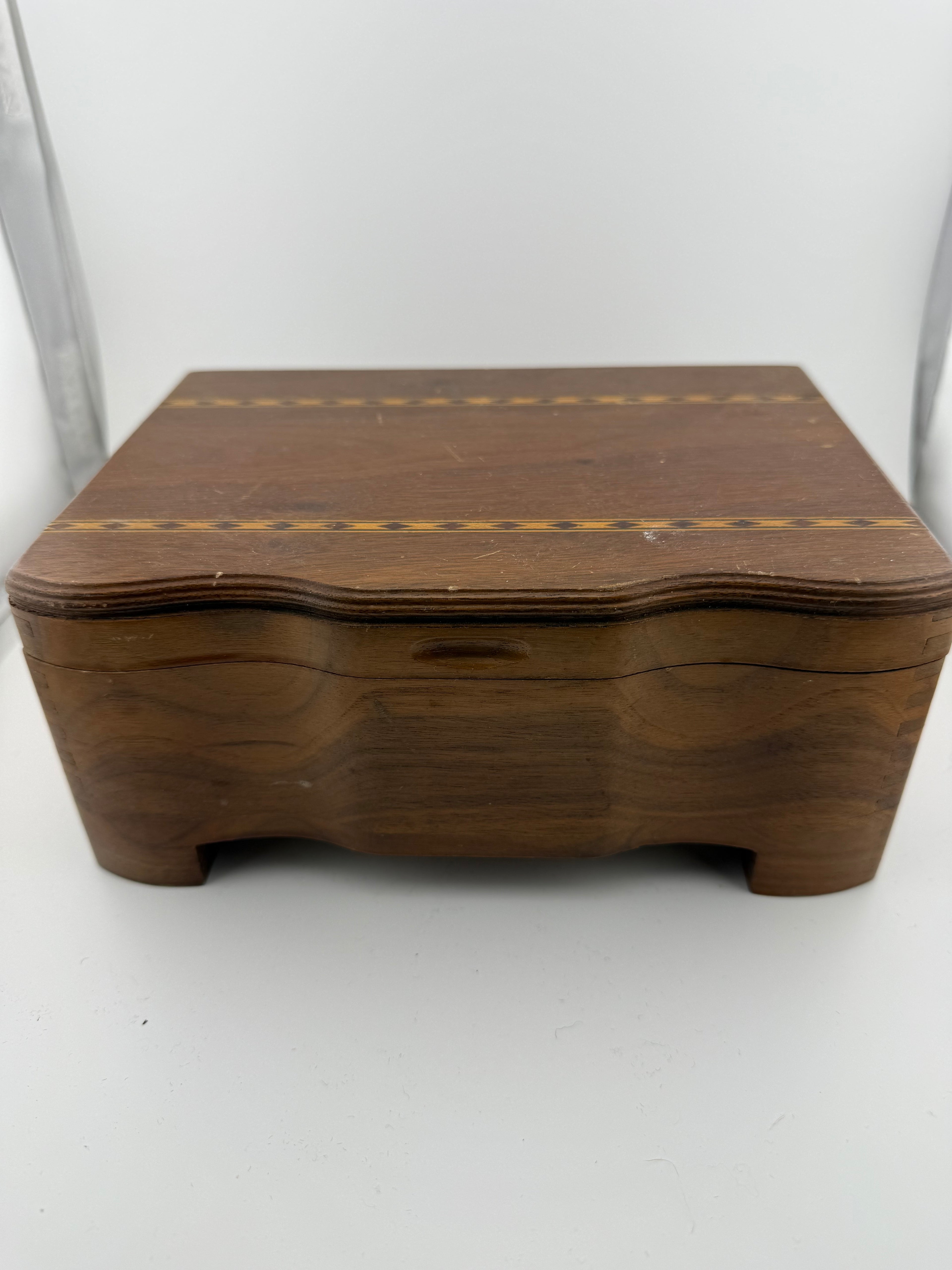 Vintage Walnut Jewelry Box with Marquetry Inlay Banding and Brass Hinges