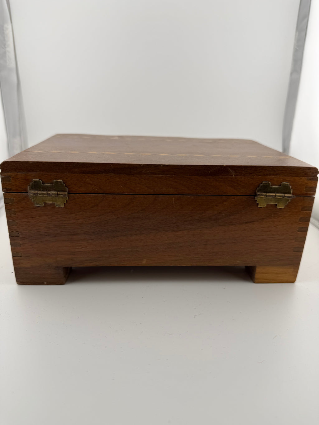 Vintage Walnut Jewelry Box with Marquetry Inlay Banding and Brass Hinges