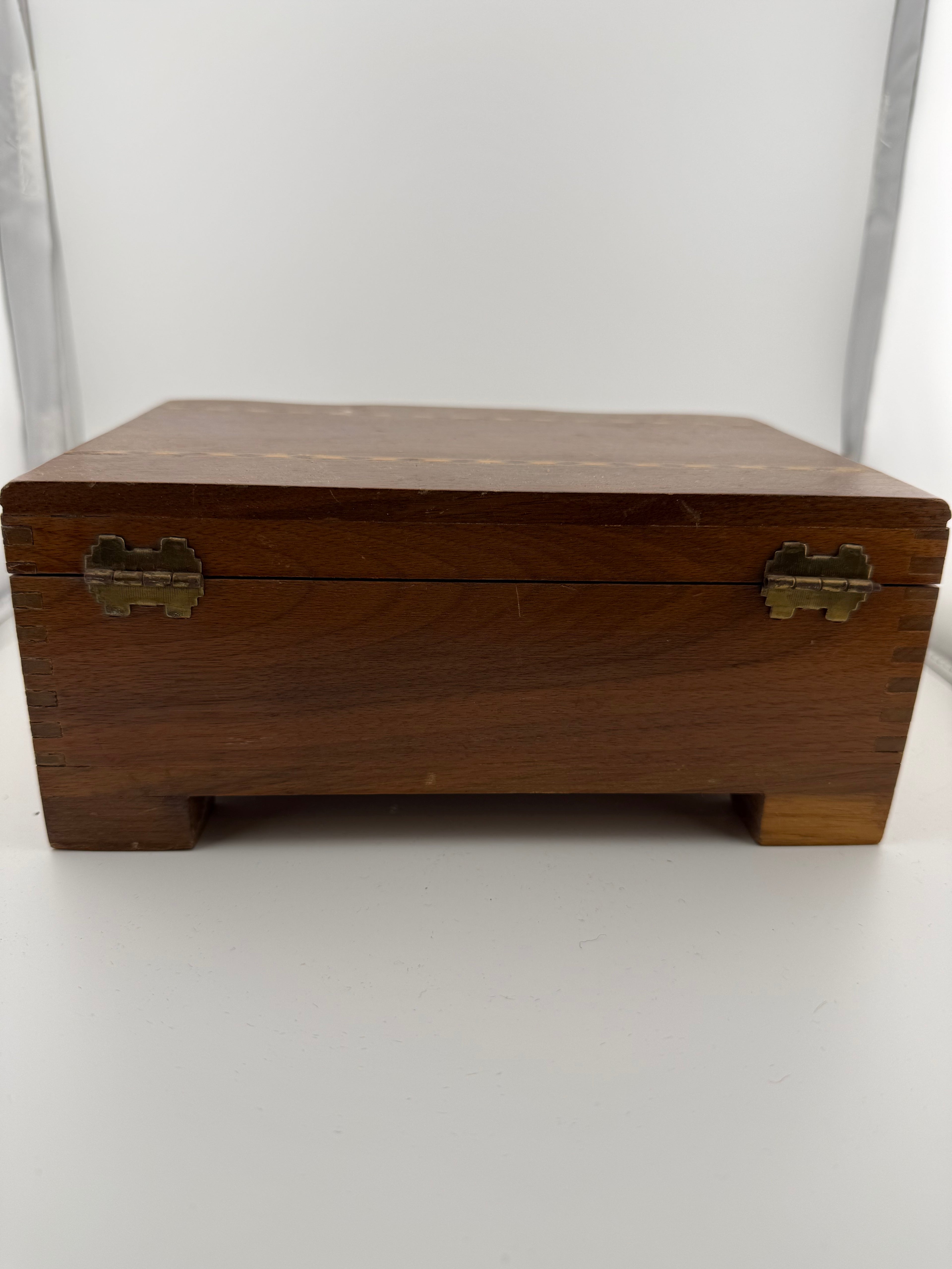 Vintage Walnut Jewelry Box with Marquetry Inlay Banding and Brass Hinges