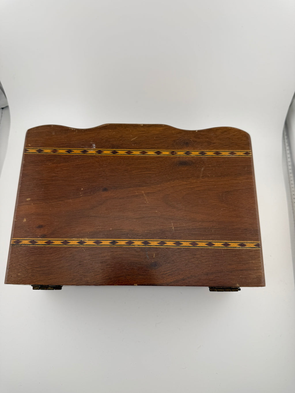 Vintage Walnut Jewelry Box with Marquetry Inlay Banding and Brass Hinges