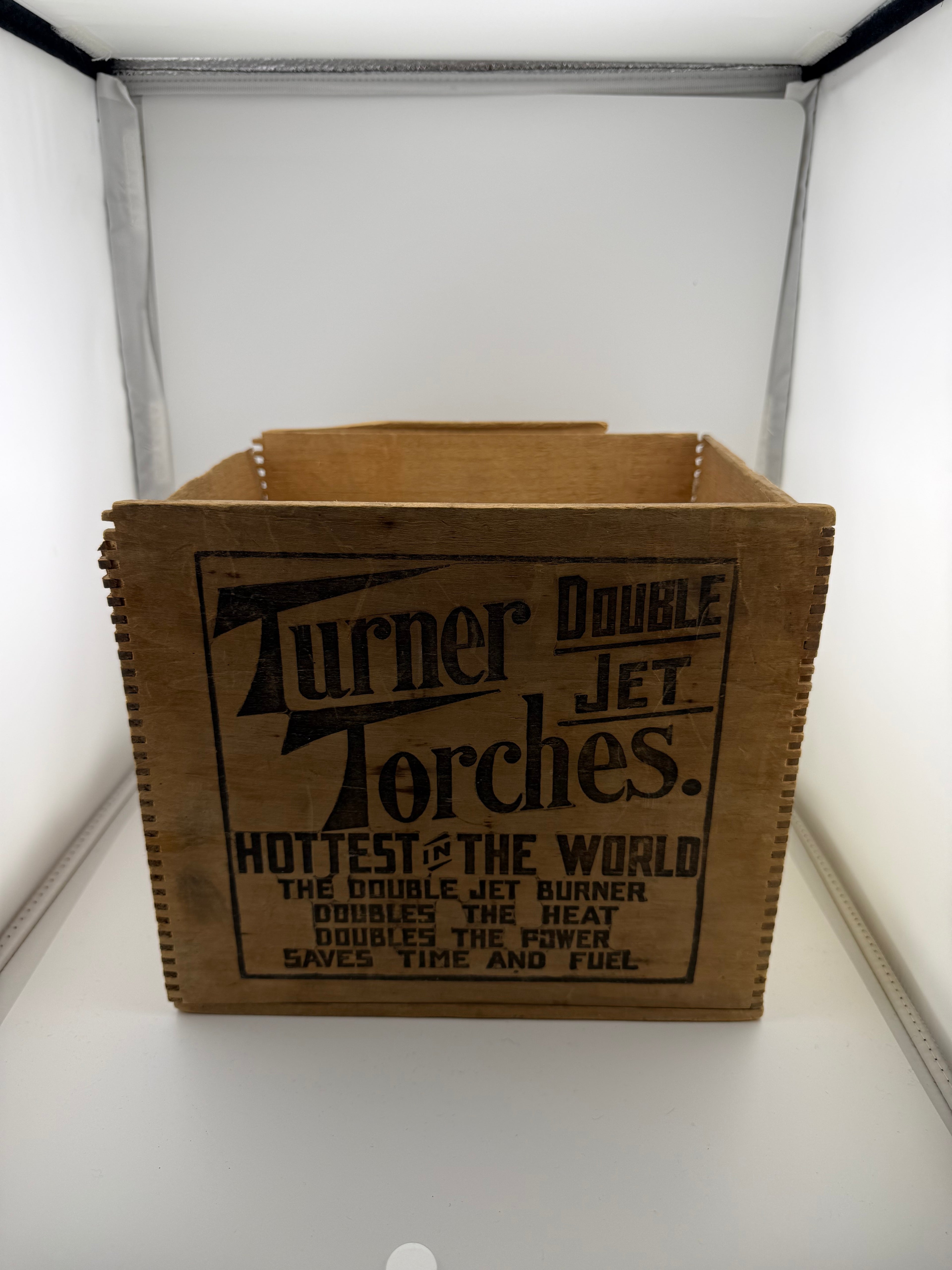Antique Turner Brass Works Double Jet Gasoline Torch Wooden Shipping Crate