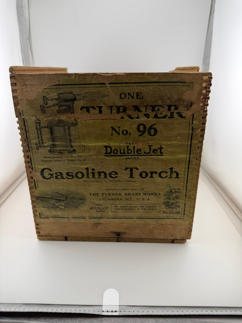 Antique Turner Brass Works Double Jet Gasoline Torch Wooden Shipping Crate