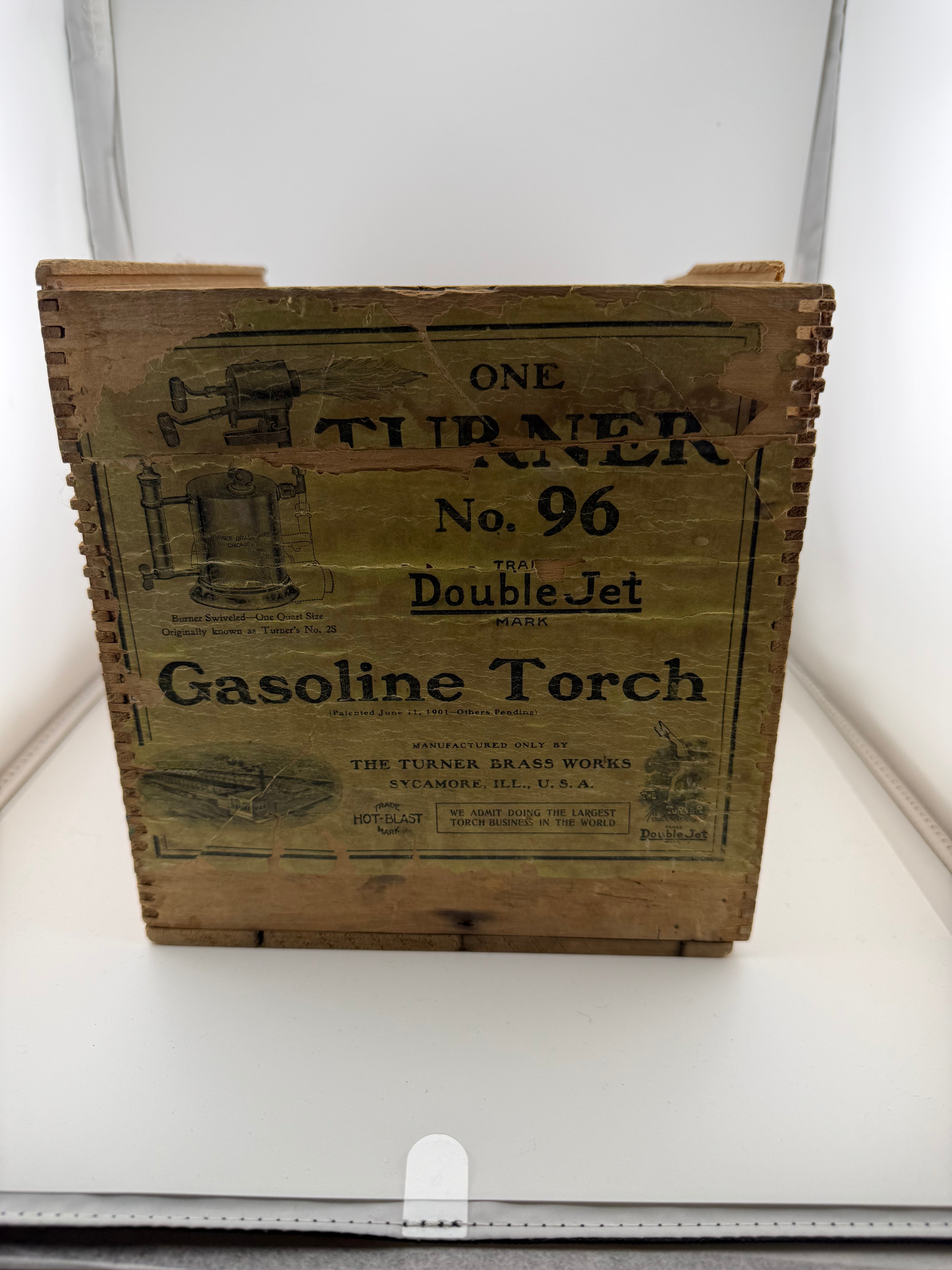 Antique Turner Brass Works Double Jet Gasoline Torch Wooden Shipping Crate