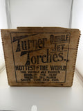 Antique Turner Brass Works Double Jet Gasoline Torch Wooden Shipping Crate