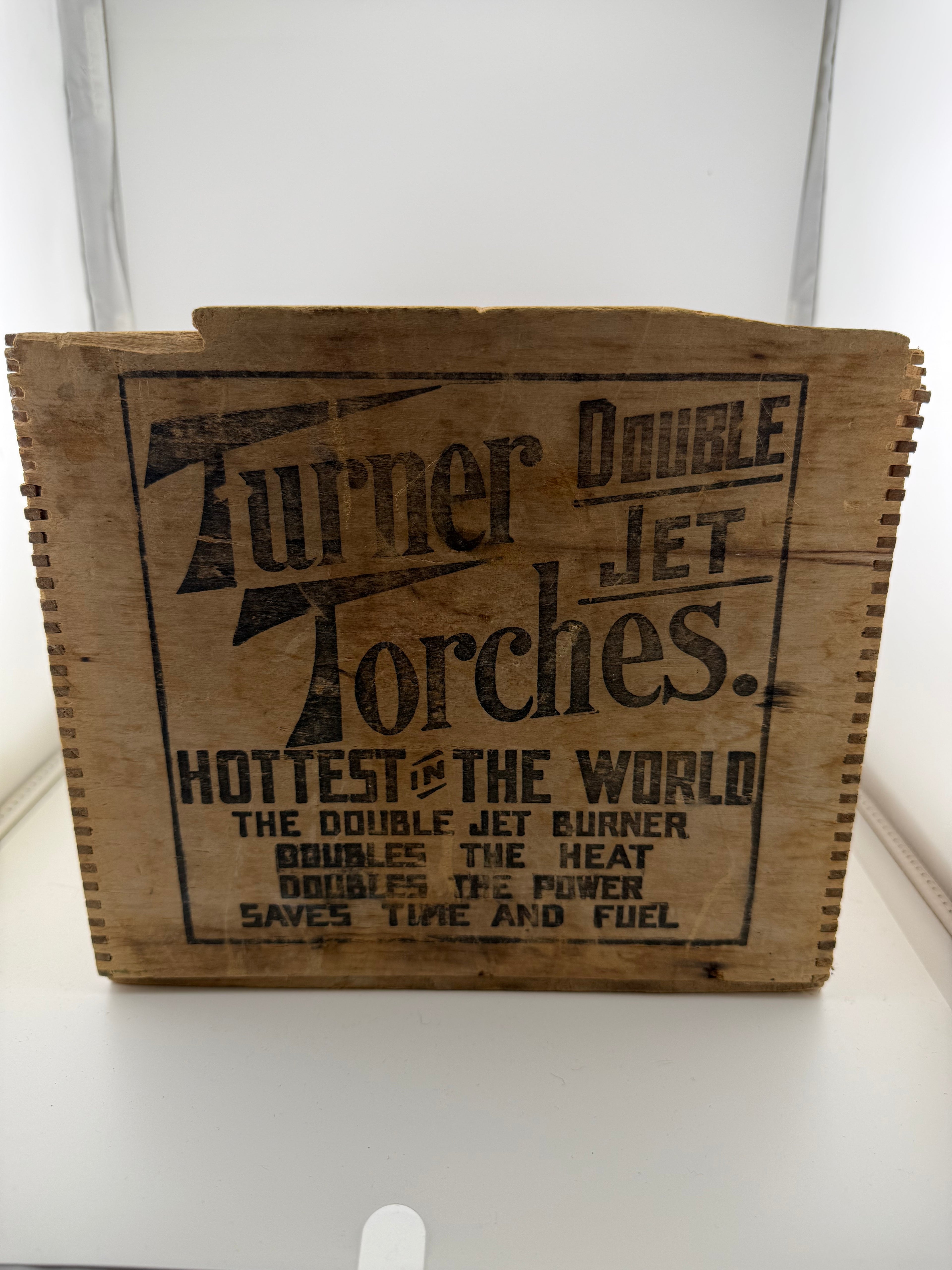 Antique Turner Brass Works Double Jet Gasoline Torch Wooden Shipping Crate