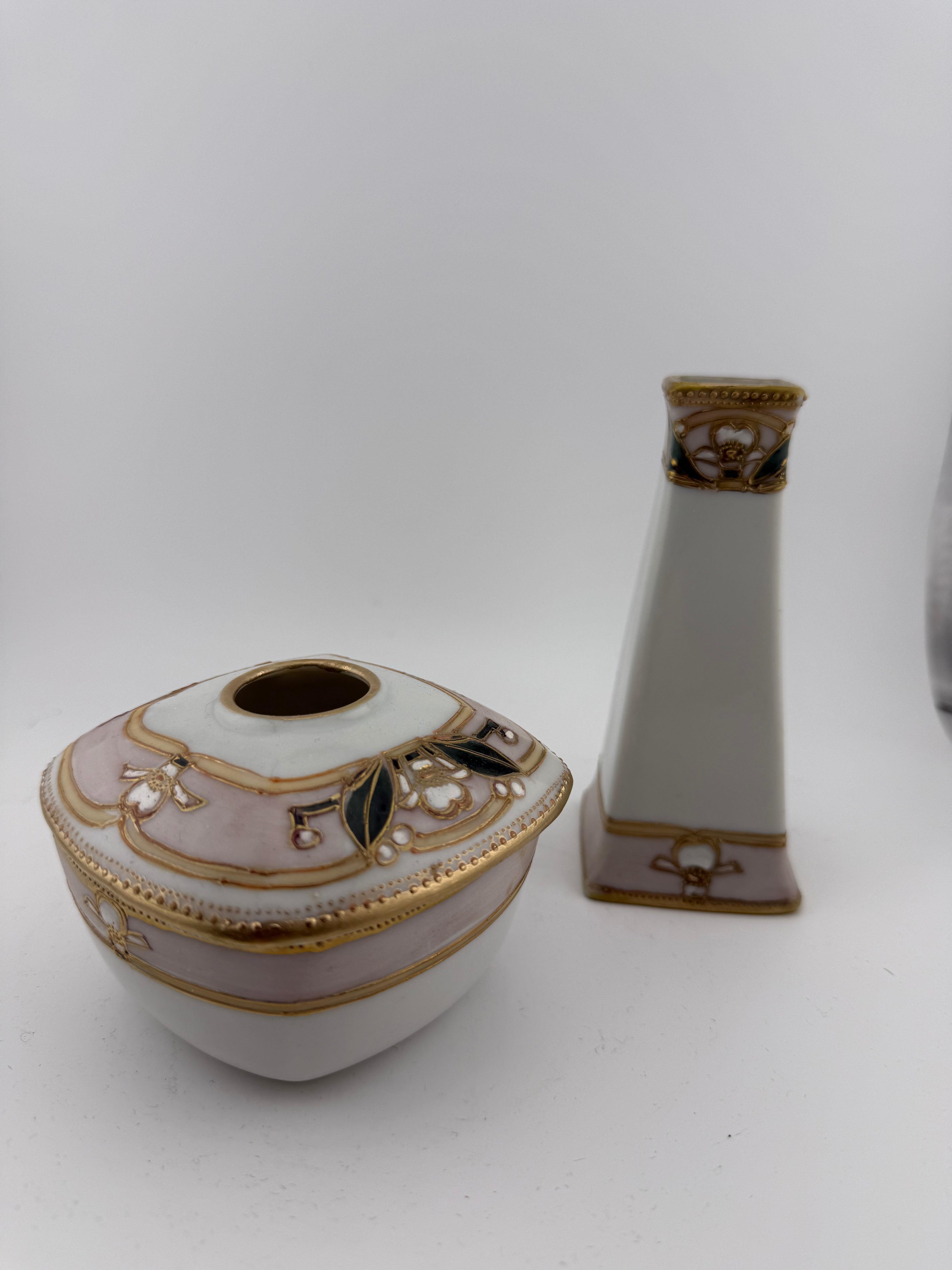 Antique Art Nouveau Porcelain Hair Receiver and Bud Vase Set with Raised Gold Enamel and Floral Motifs