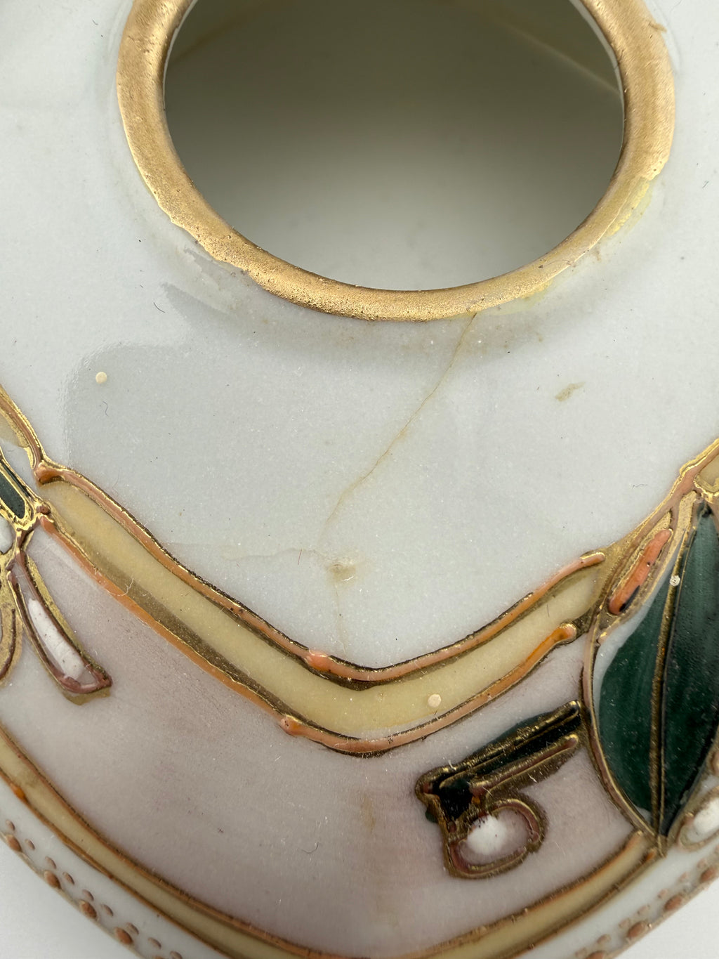 Antique Art Nouveau Porcelain Hair Receiver and Bud Vase Set with Raised Gold Enamel and Floral Motifs