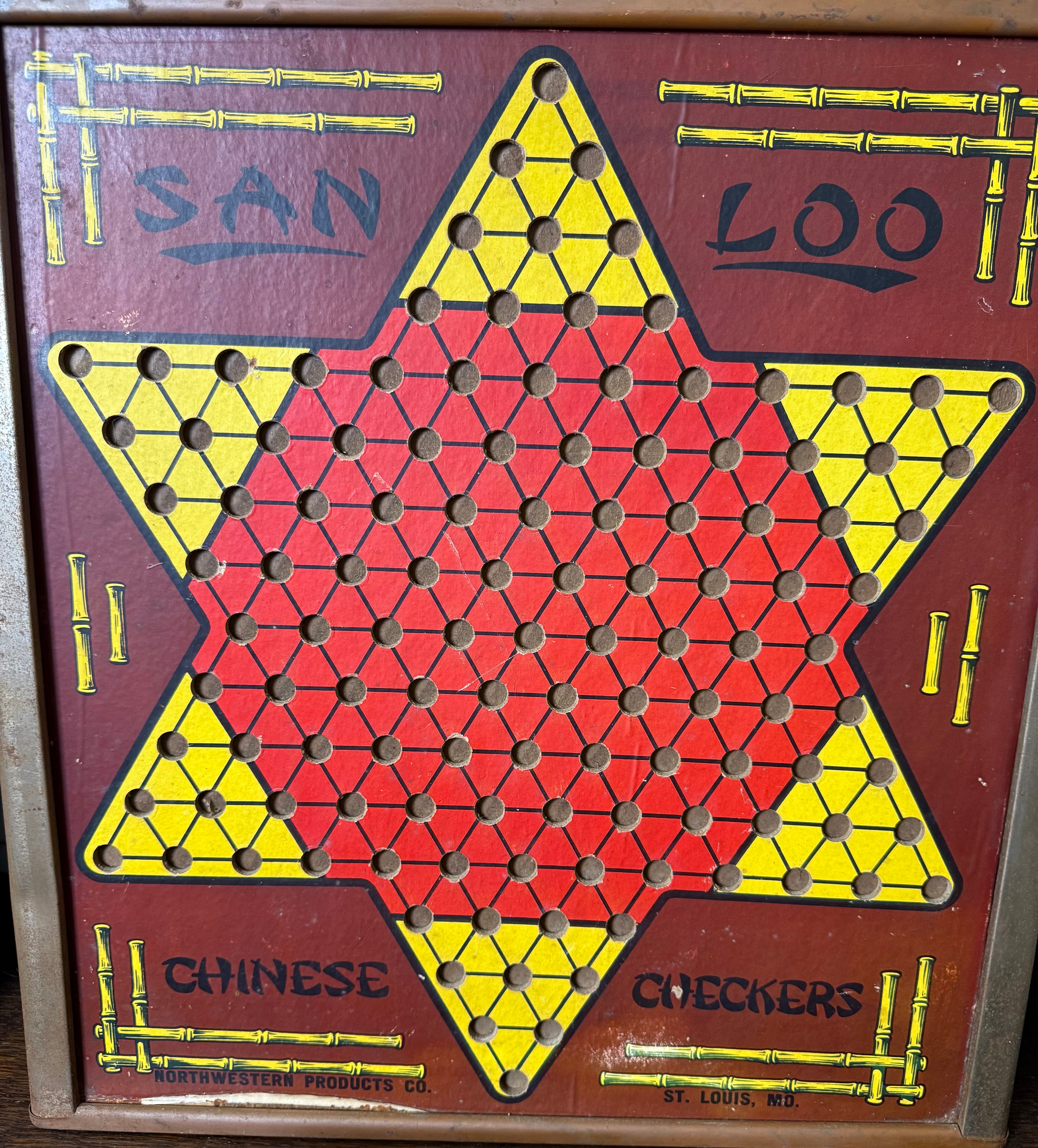 Vintage San Loo Chinese Checkers Board with Checkers Backing by Northwestern Products Co. St. Louis
