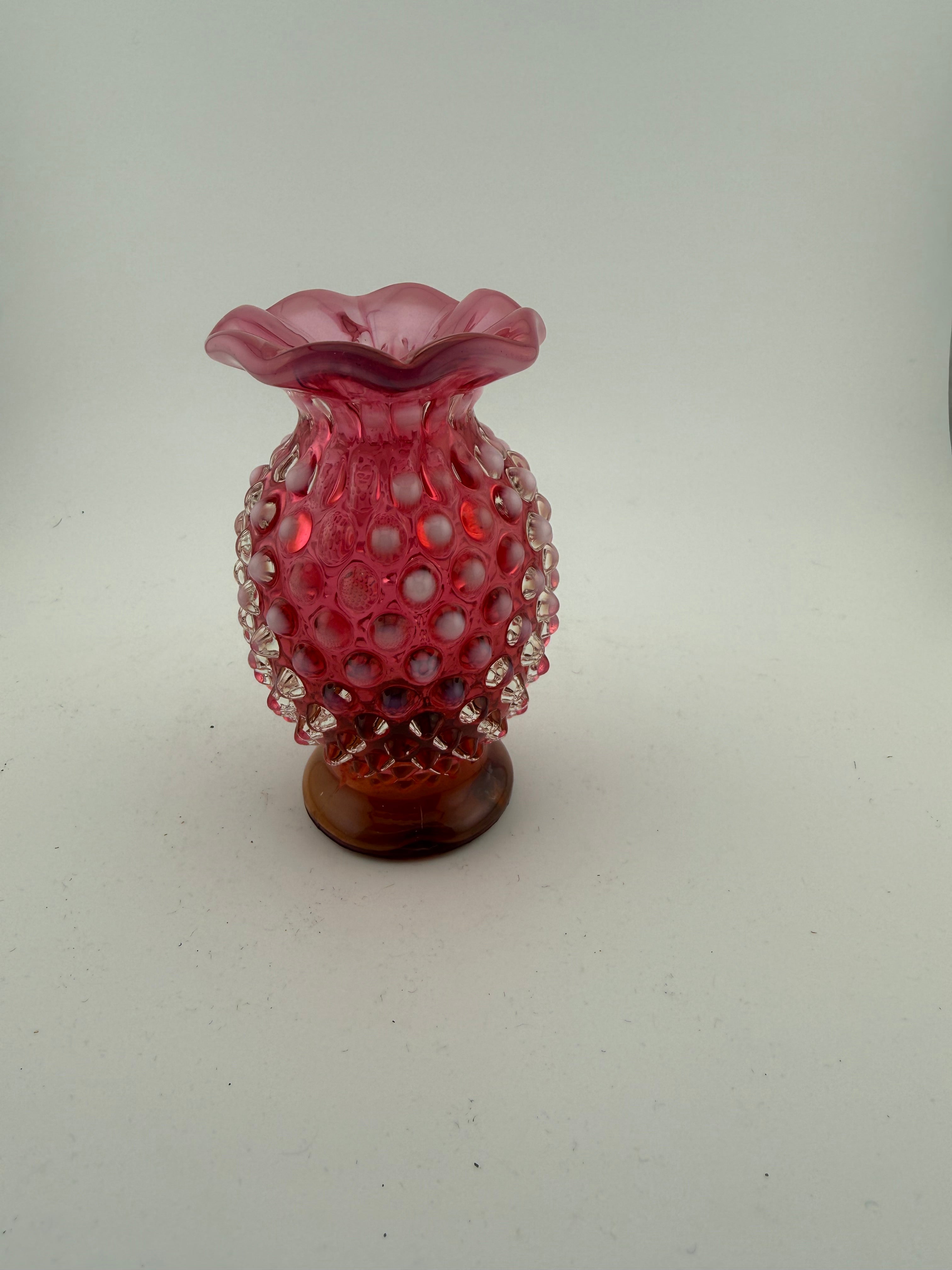 Vintage Fenton Cranberry Hobnail Glass Vase with Ruffled Rim