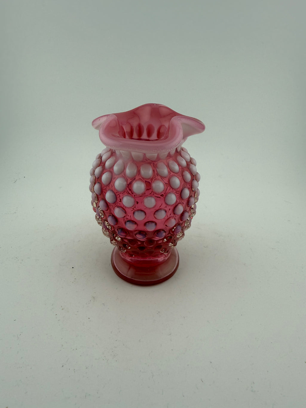 Vintage Fenton Cranberry Opalescent Hobnail Glass Vase with Ruffled Rim