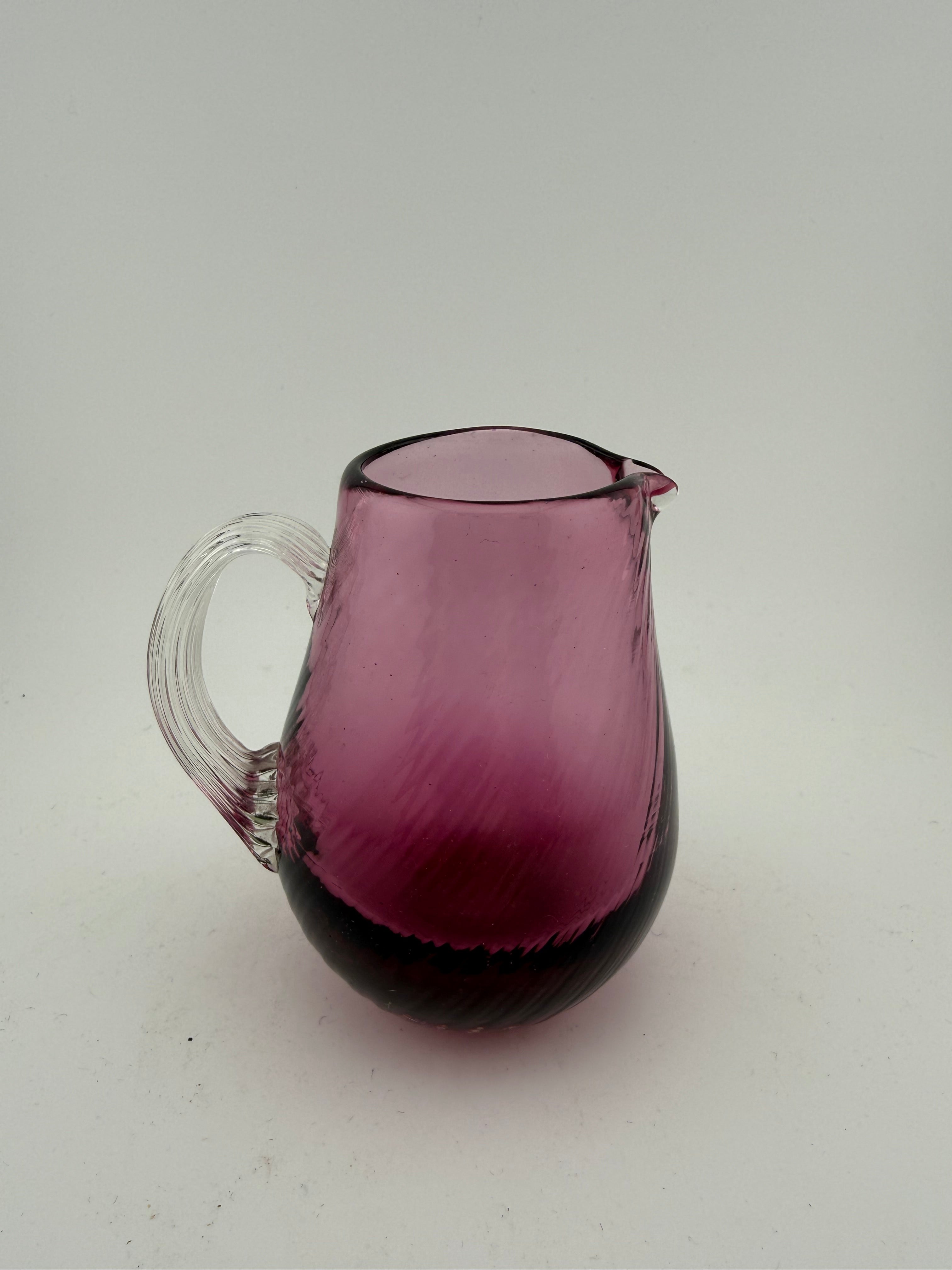 Vintage Amethyst Glass Pitcher with Clear Ribbed Handle