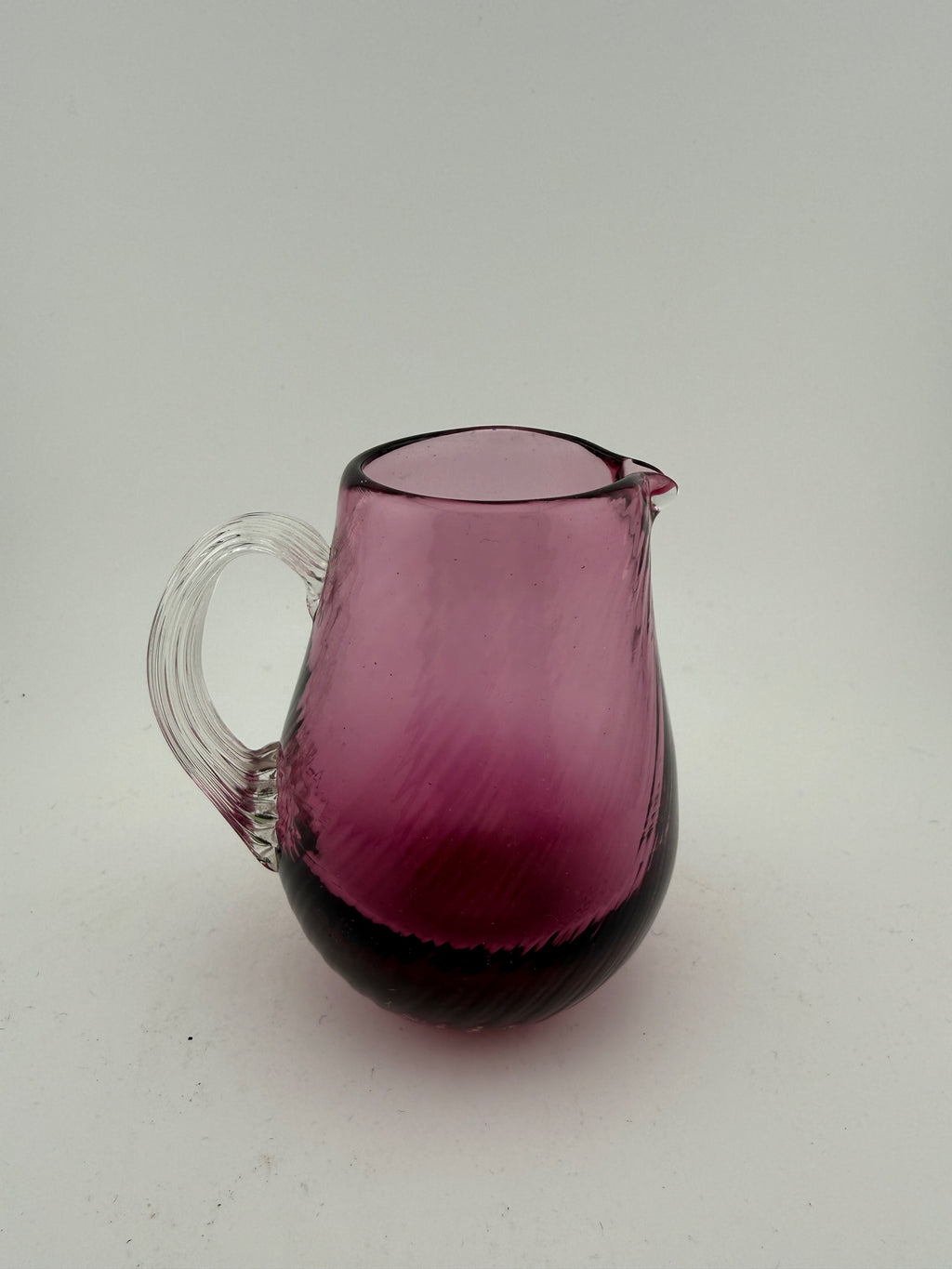 Vintage Cranberry Glass Pitcher with Clear Ribbed Applied Handle - 3.75" Tall