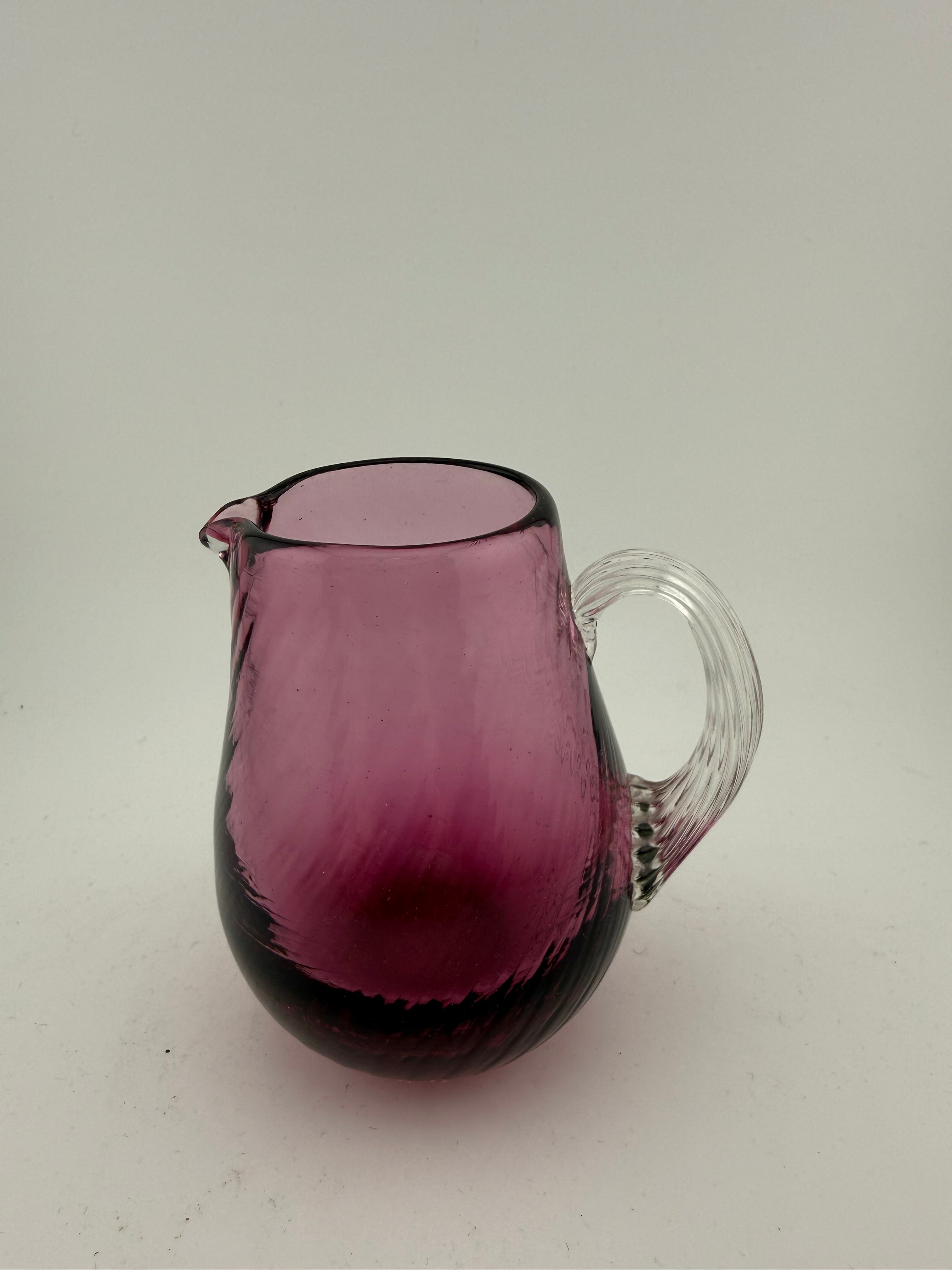 Vintage Amethyst Glass Pitcher with Clear Ribbed Handle