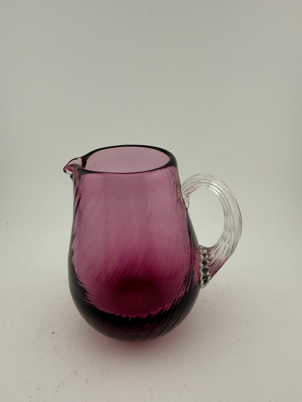 Vintage Cranberry Glass Pitcher with Clear Ribbed Applied Handle - 3.75" Tall