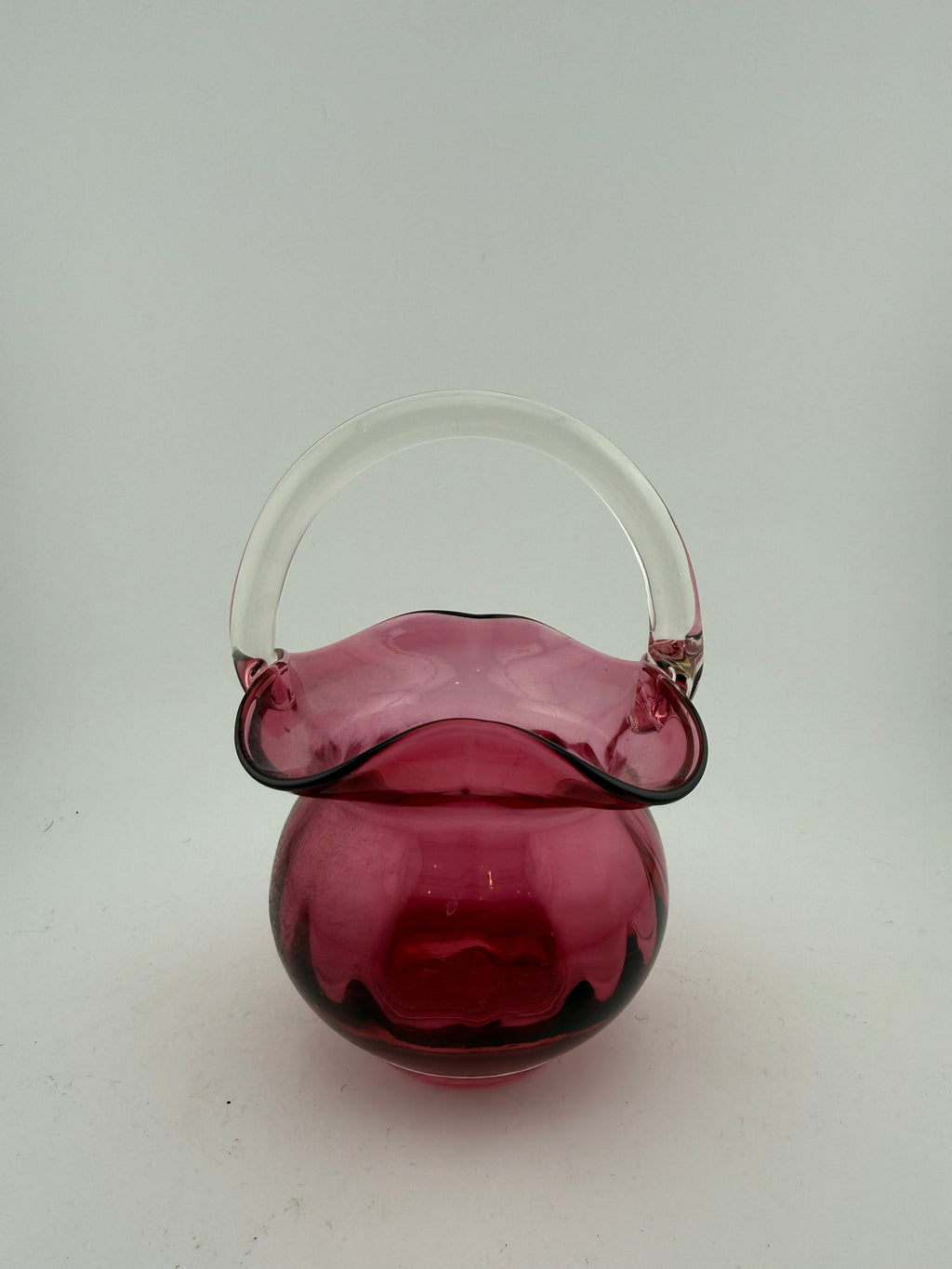 Vintage Cranberry Glass Basket with Clear Applied Handle and Ruffled Rim