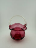 Vintage Cranberry Glass Basket with Clear Applied Handle and Ruffled Rim