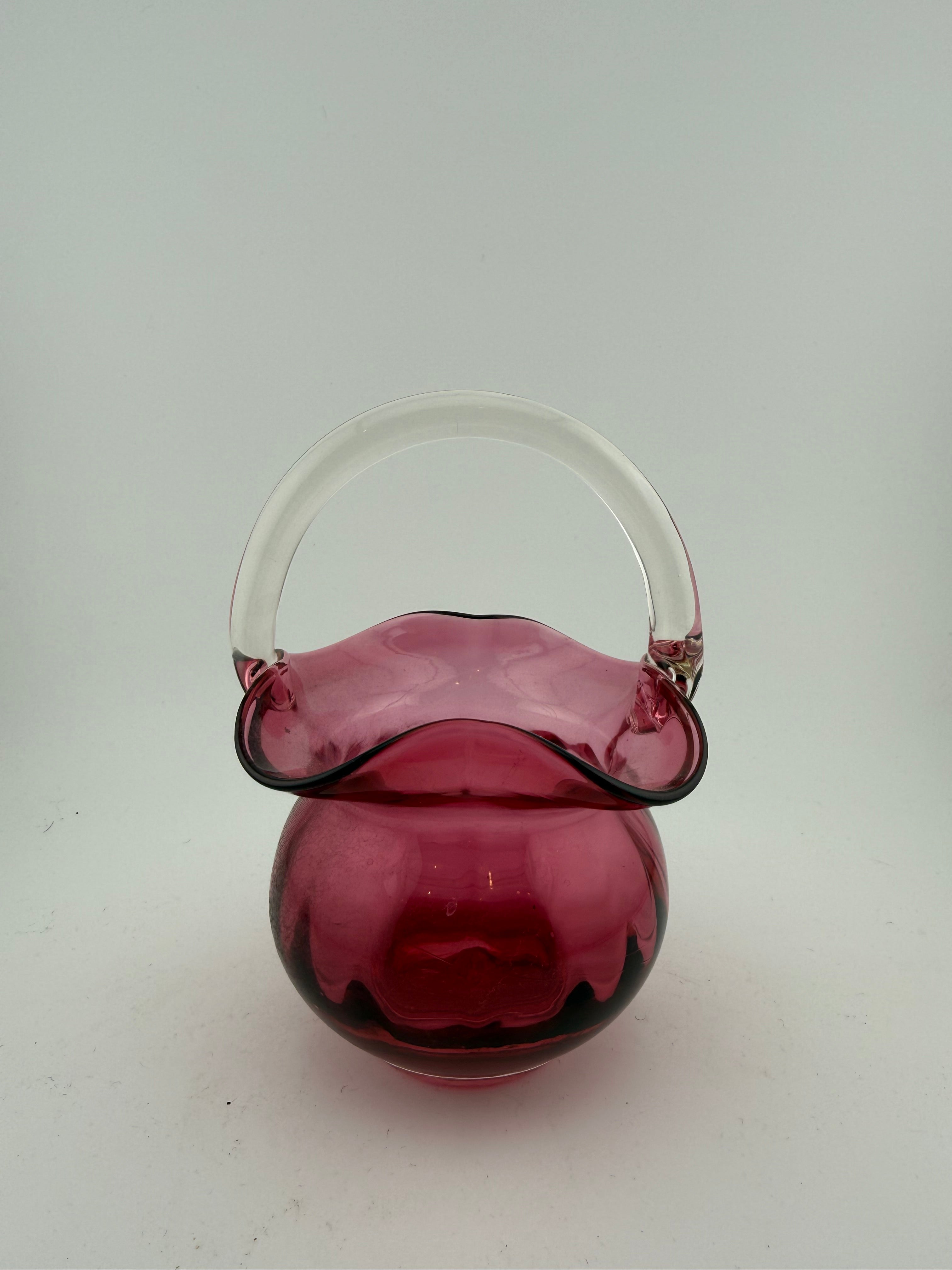 Vintage Cranberry Glass Basket with Clear Applied Handle and Ruffled Rim