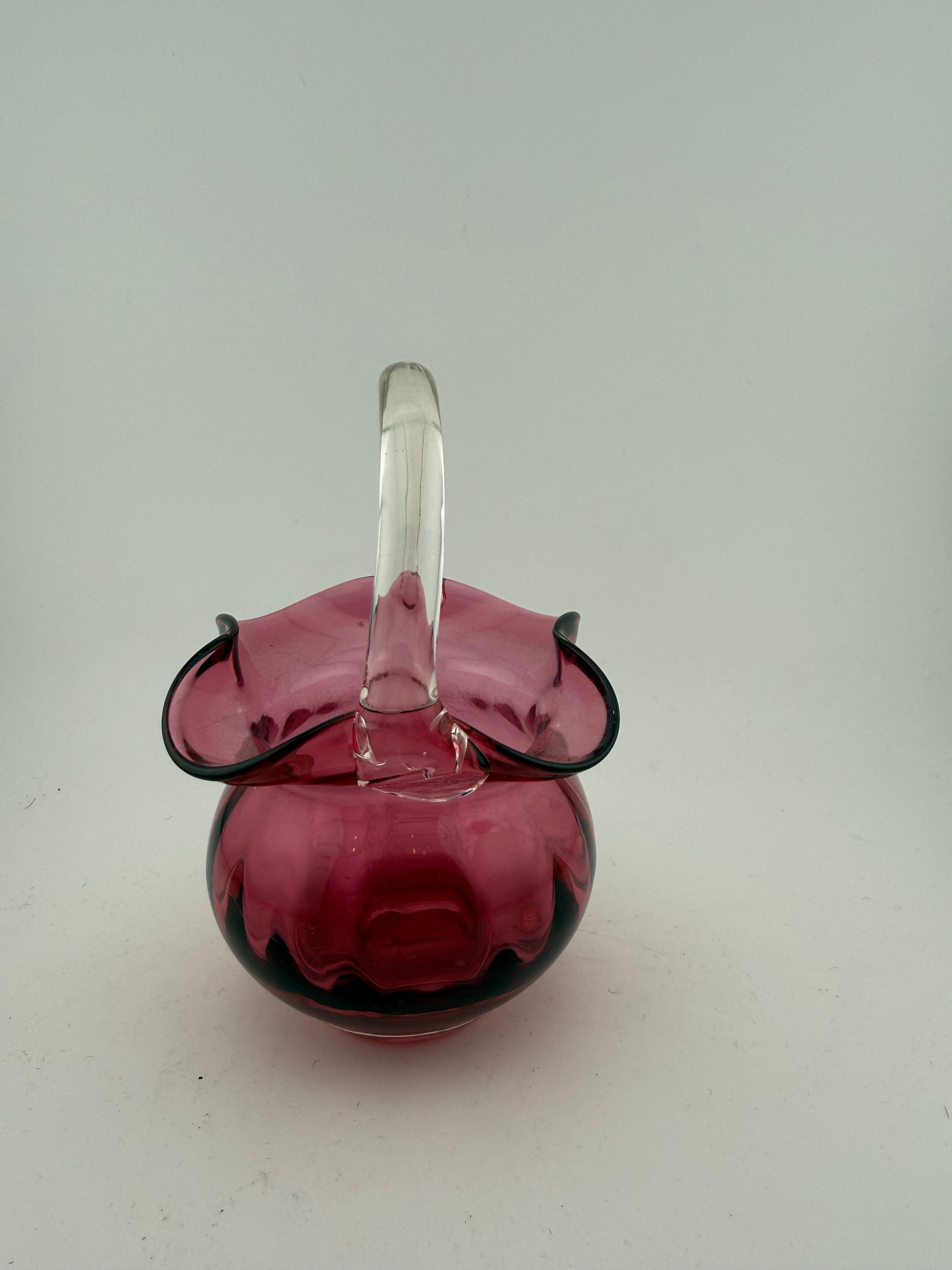 Vintage Cranberry Glass Basket with Clear Applied Handle and Ruffled Rim