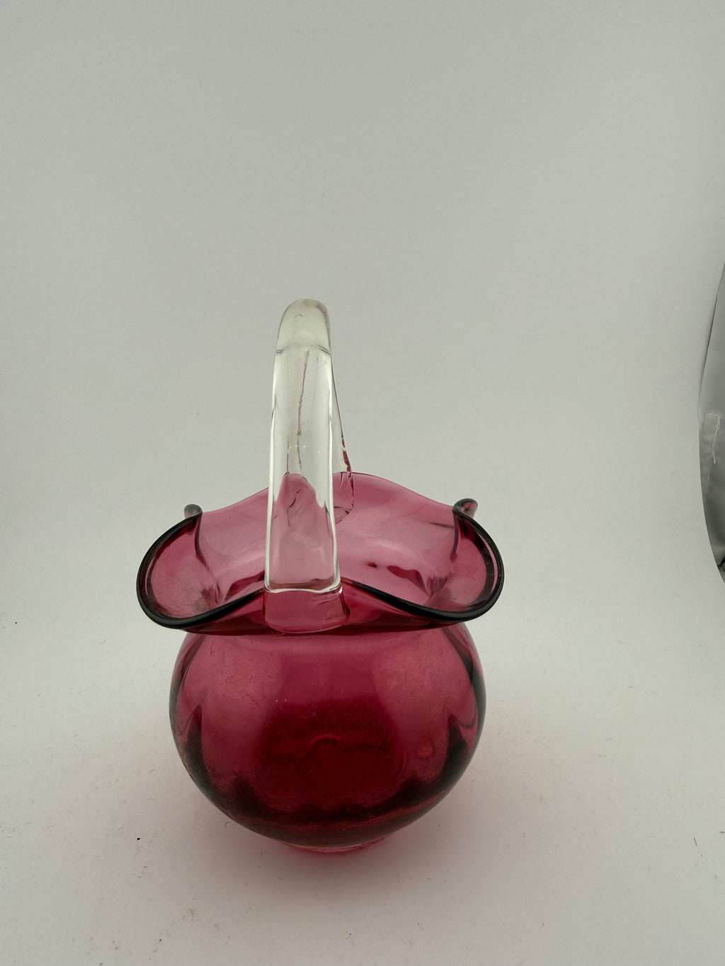 Vintage Cranberry Glass Basket with Clear Applied Handle and Ruffled Rim